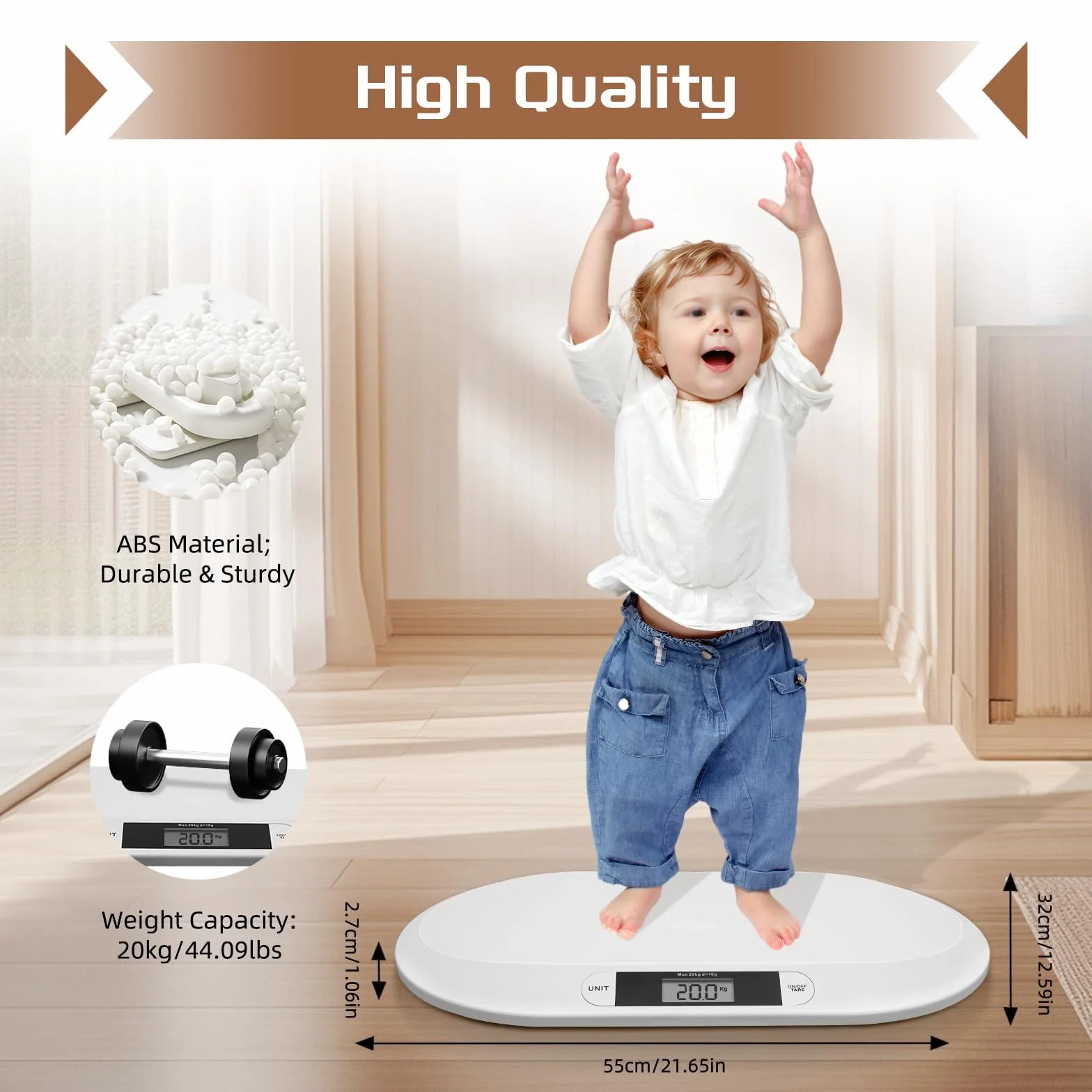 Báscula digital para bebés 20 kg pantalla LCD función tara kg/lbs/st blanco