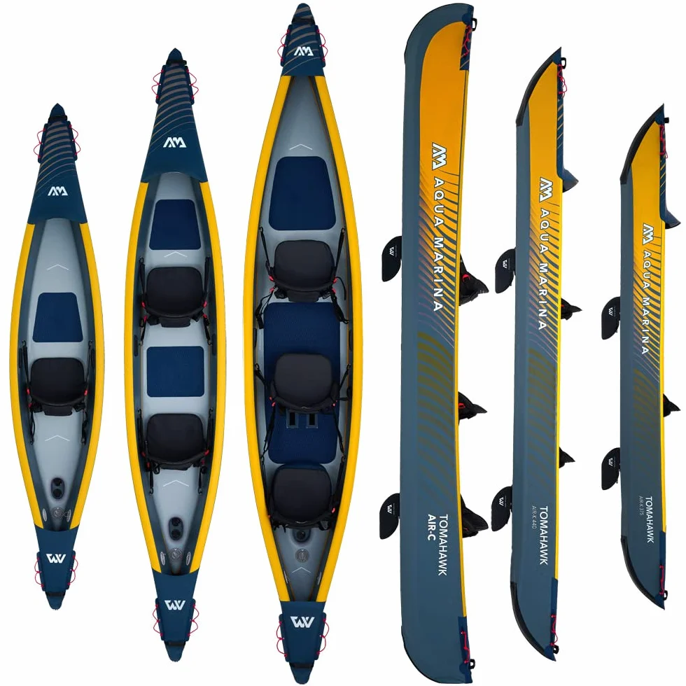 Aqua Marina Tomahawk Air-K Kayak Inflable de Alta presión para 2 Personas, 440 cm de Longitud, Marino/Amarillo