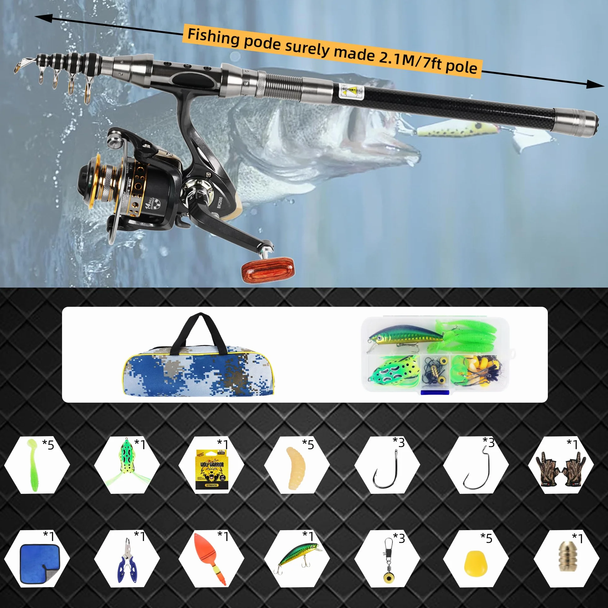 Juego de caña de Pescar telescópica y Carrete, Kit de caña de Pescar de Metal de 2,1 m con línea de Pesca/Accesorios de señuelos de Pesca/Bolsa de Transporte, para Viajes, Agua Salada o Dulce