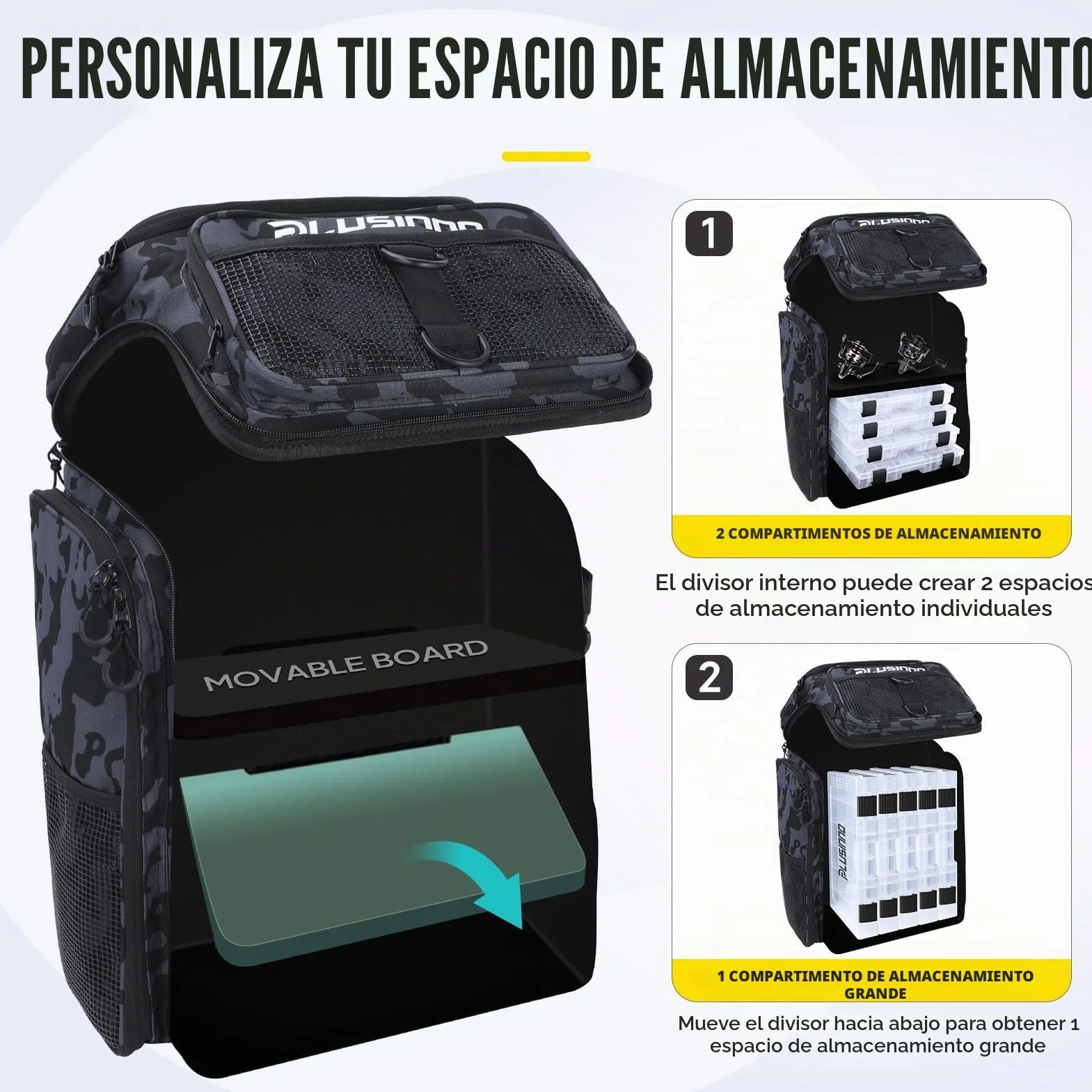 PLUSINNO Mochila para Aparejos de Pesca con Soportes para caña de Pescar, Camuflaje Negro.