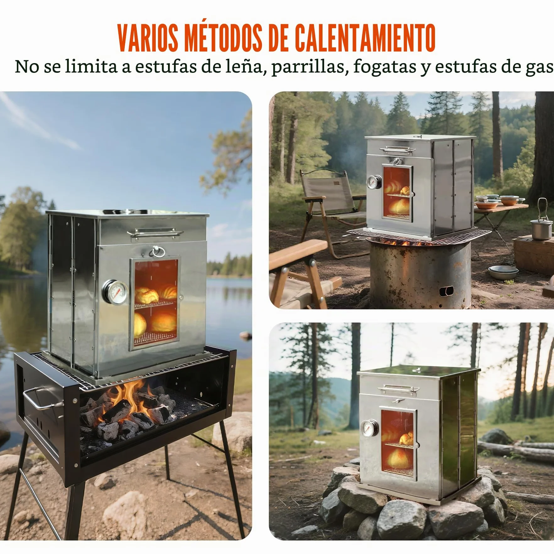REDCAMP Horno de camping plegable de 14 pulgadas de alto con parrilla de 2 niveles, estufa de camping portátil de acero inoxidable para hornear rollos de canela, panes y magdalenas con fuego de leña