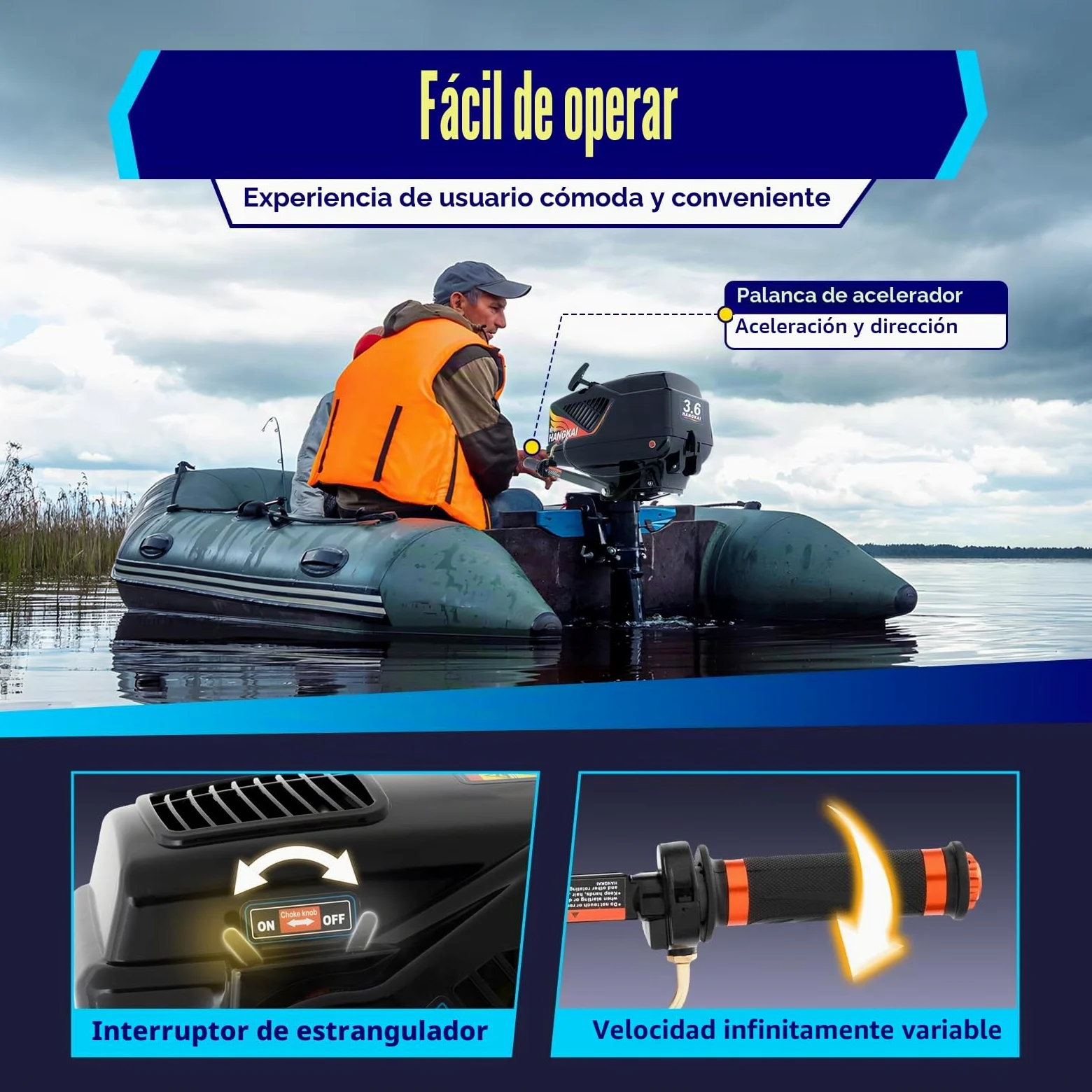 Motor fueraborda de 2 tiempos, 3,6 CV, motor de gasolina para botes inflables, barcos de pesca, yates, canoas, kayaks con una altura trasera máxima de 42 cm