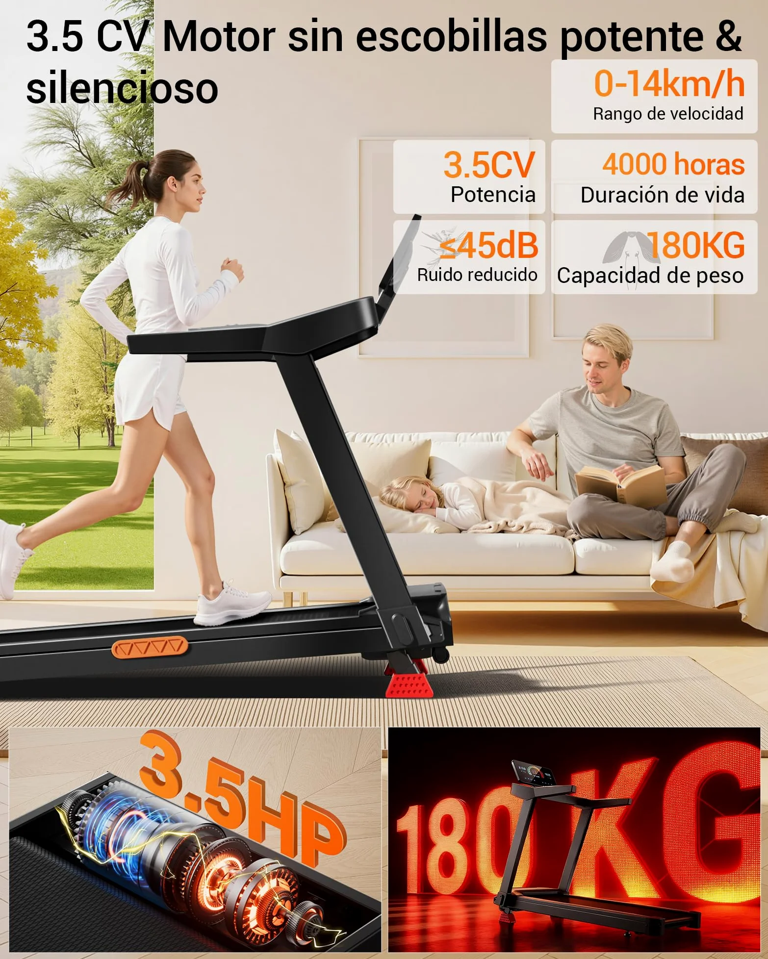 UMAY Cinta de Correr Plegable con Inclinación 16%, 14 KM/H, 3.5HP | Cinta de Andar con Frecuencia Cardíaca, Caminadora Electrica para Casa con Pantalla LED,180kg