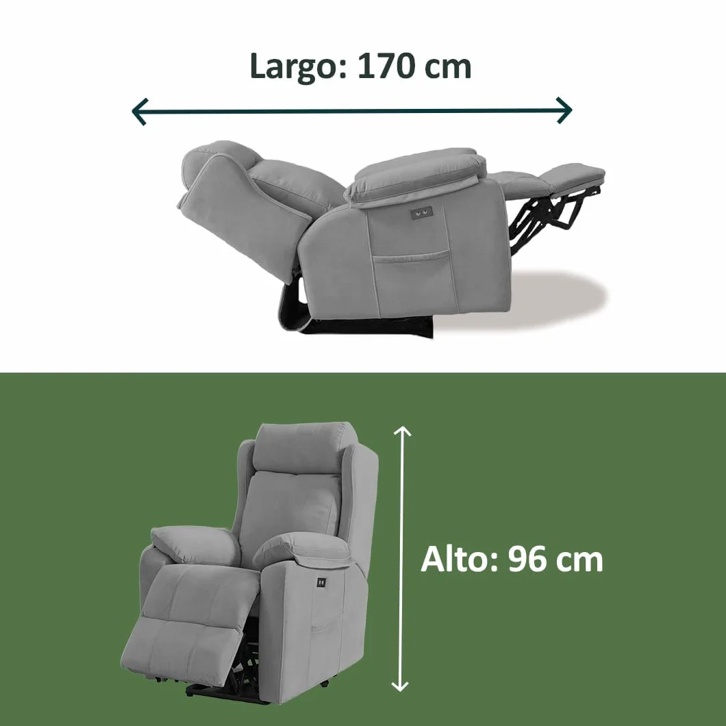 Sillón Relax Reclinable Eléctrico Gravedad Cero Desenfundable Madera de Pino Gris