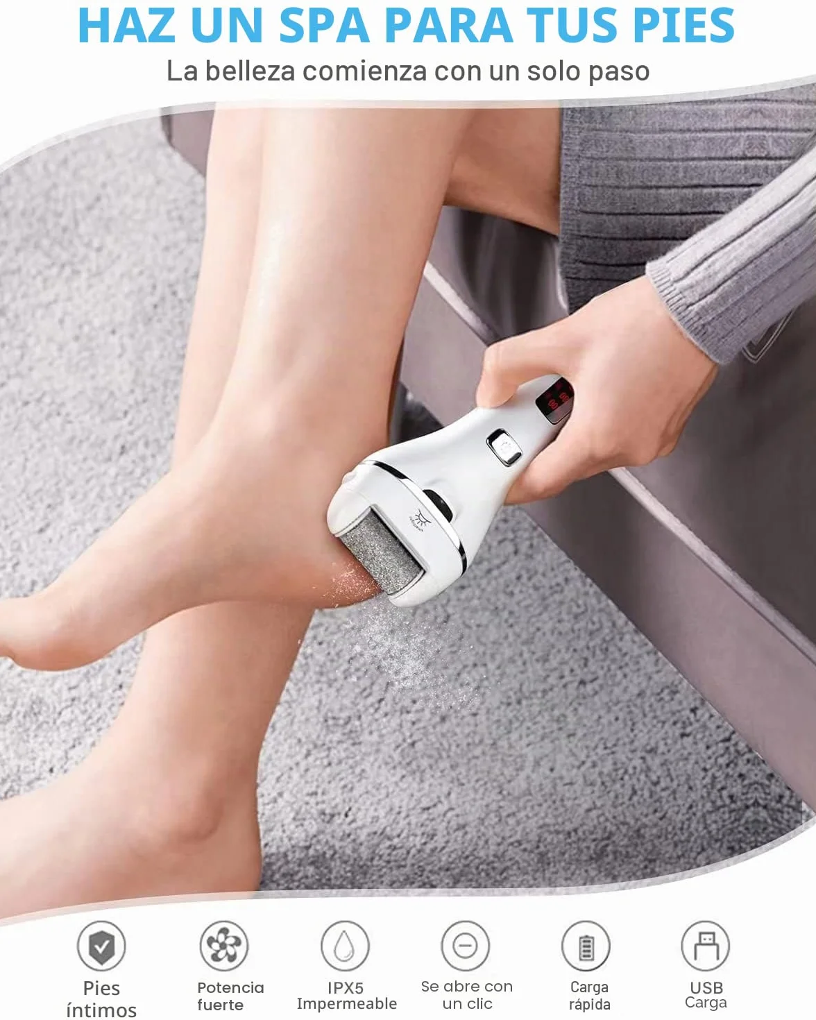 Vxdoirk Profesional Quita Durezas para Pies Electrico Recargable e Impermeable 3 Rodillos 2 Velocidades Blanco