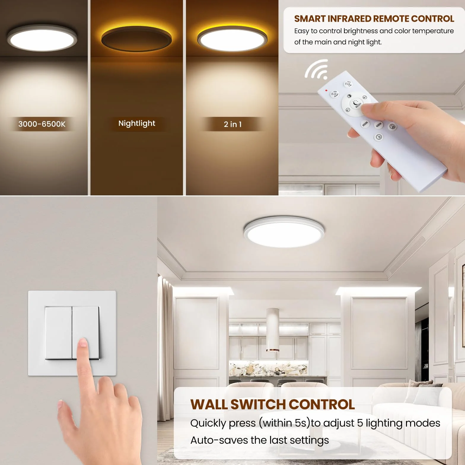 Plafón LED Regulable 24W 3000K-6500K 1800K con Mando Luz Nocturna Ø30