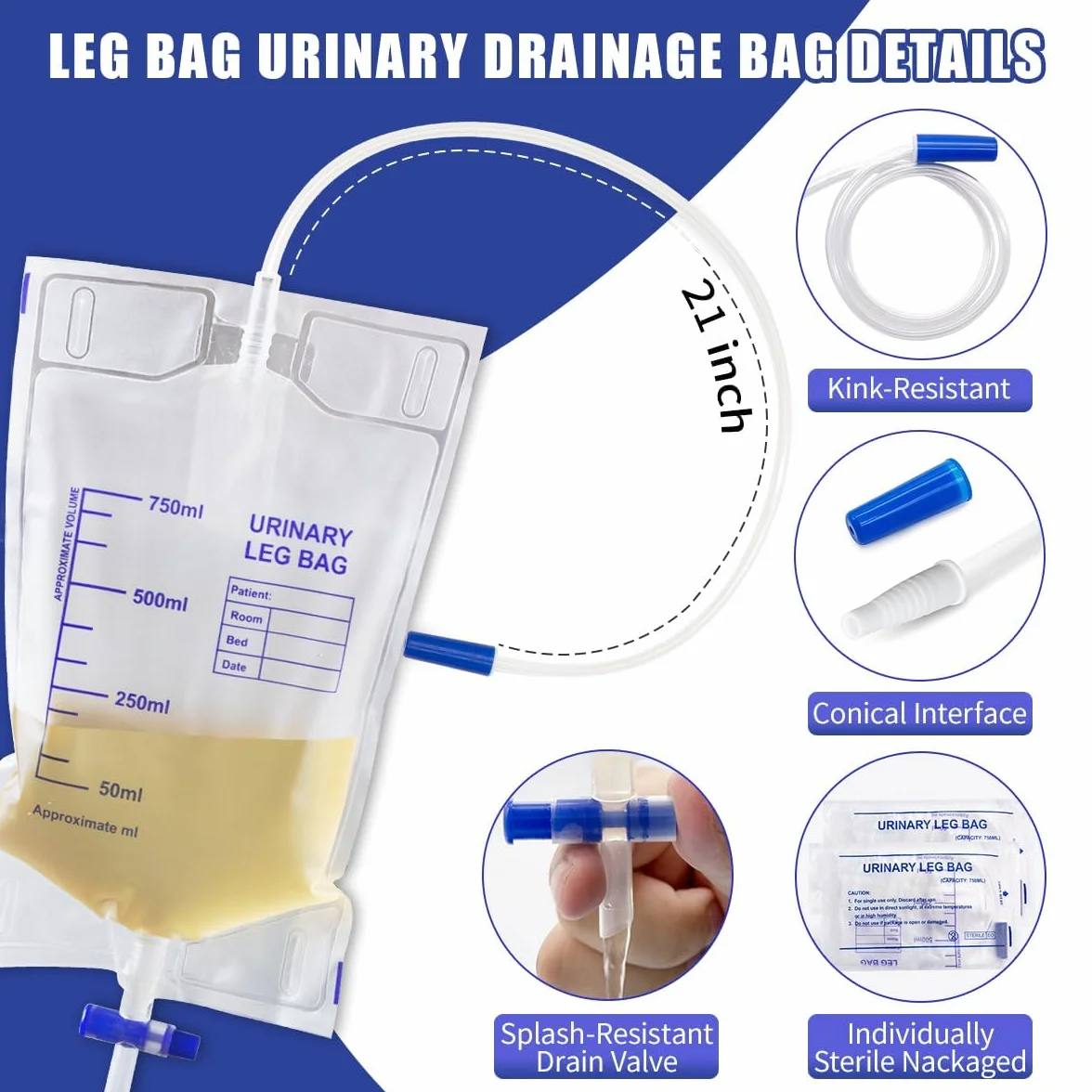 10 Piezas Bolsa de Drenaje de Orina 750ml con Válvula Antirreflujo y Correas de Tela