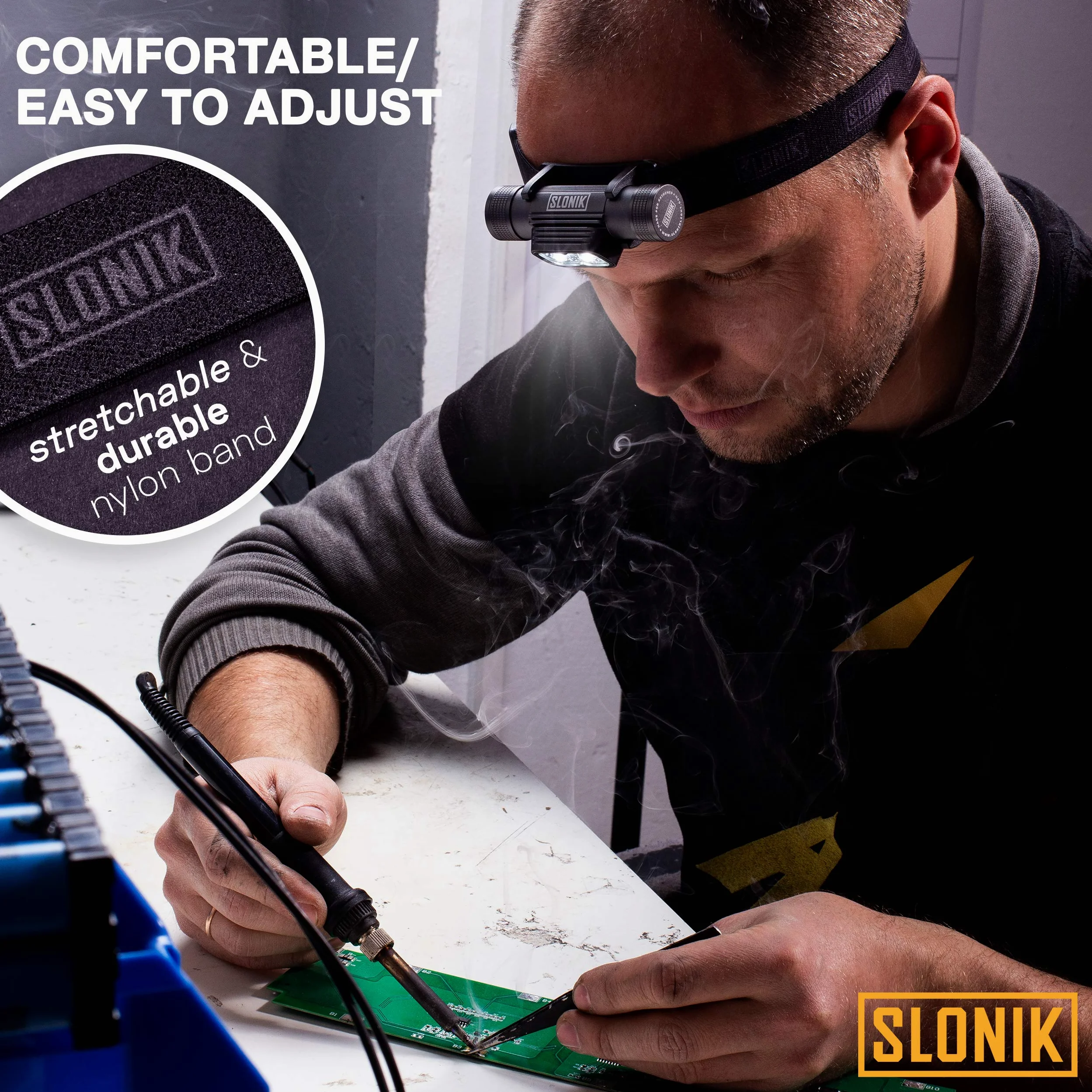 SLONIK Linterna frontal recargable para adultos, 1000 lúmenes, brillante, linterna LED de haz de 60 pies, ligera, resistente, IPX4, luz impermeable para casco, equipo de camping, luces delanteras para