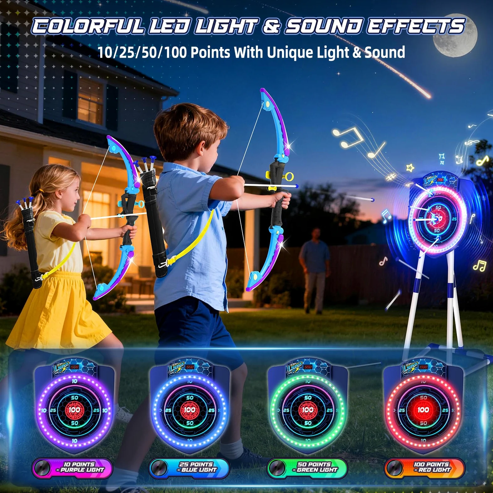 Vatos: Pack de 2 Arcos y Flechas LED para niños con puntuación automática; Juego de Tiro con Arco Luminoso Que Incluye 10 Flechas con ventosas, 2 carqueros y una Diana de Tiro con Arco LED