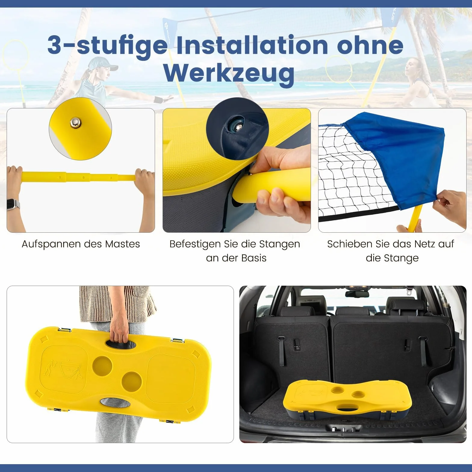 GYMAX Juego de Bádminton Portátil con 2 Raquetas, Red Premium, 2 Volantes y Estuche de Almacenamiento, para Interiores y Exteriores (Amarillo)