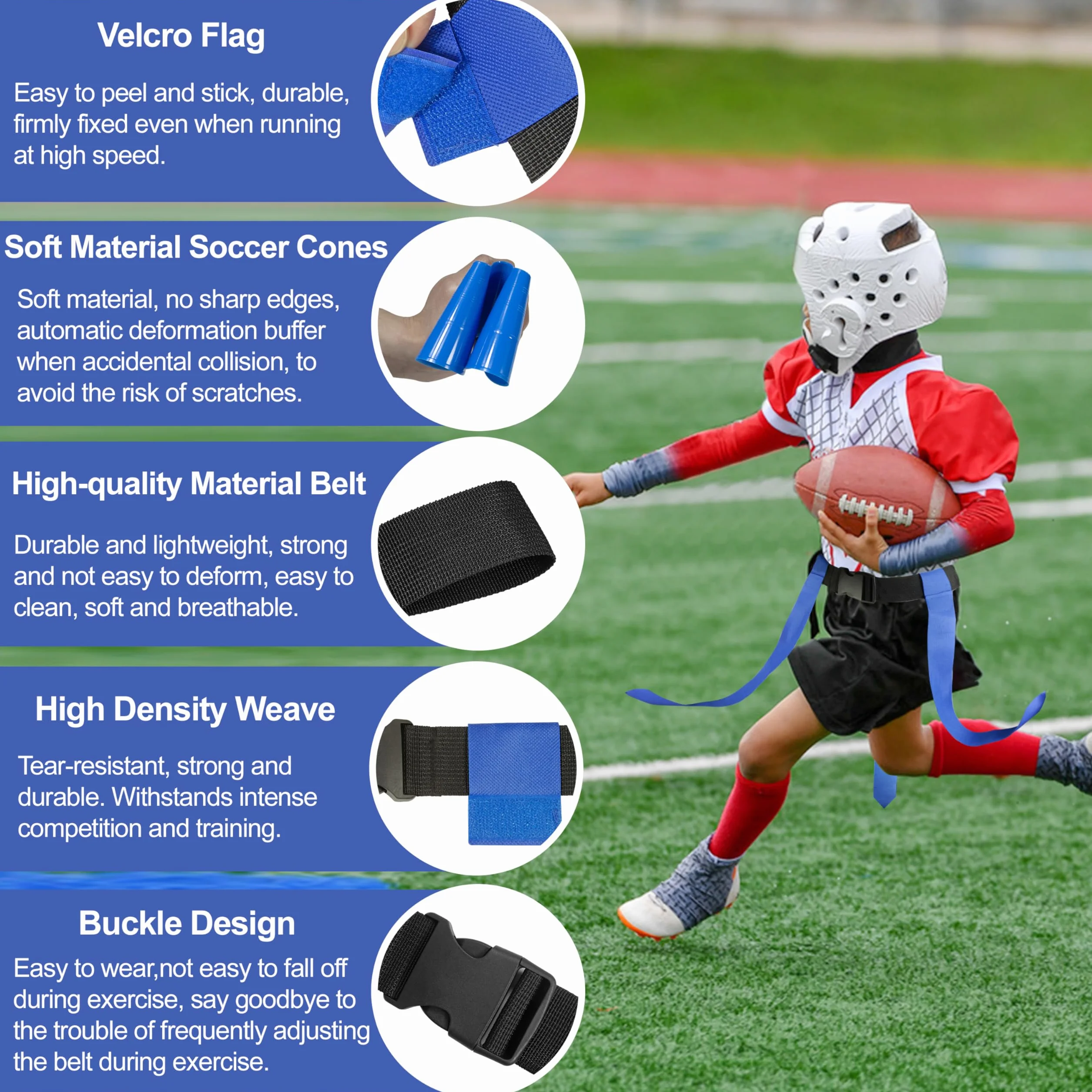 Cinturones de fútbol de bandera, juego de fútbol ajustable para 14 jugadores con 42 banderas, 8 conos de práctica y bolsa, para entrenamiento de niños, jóvenes y adultos