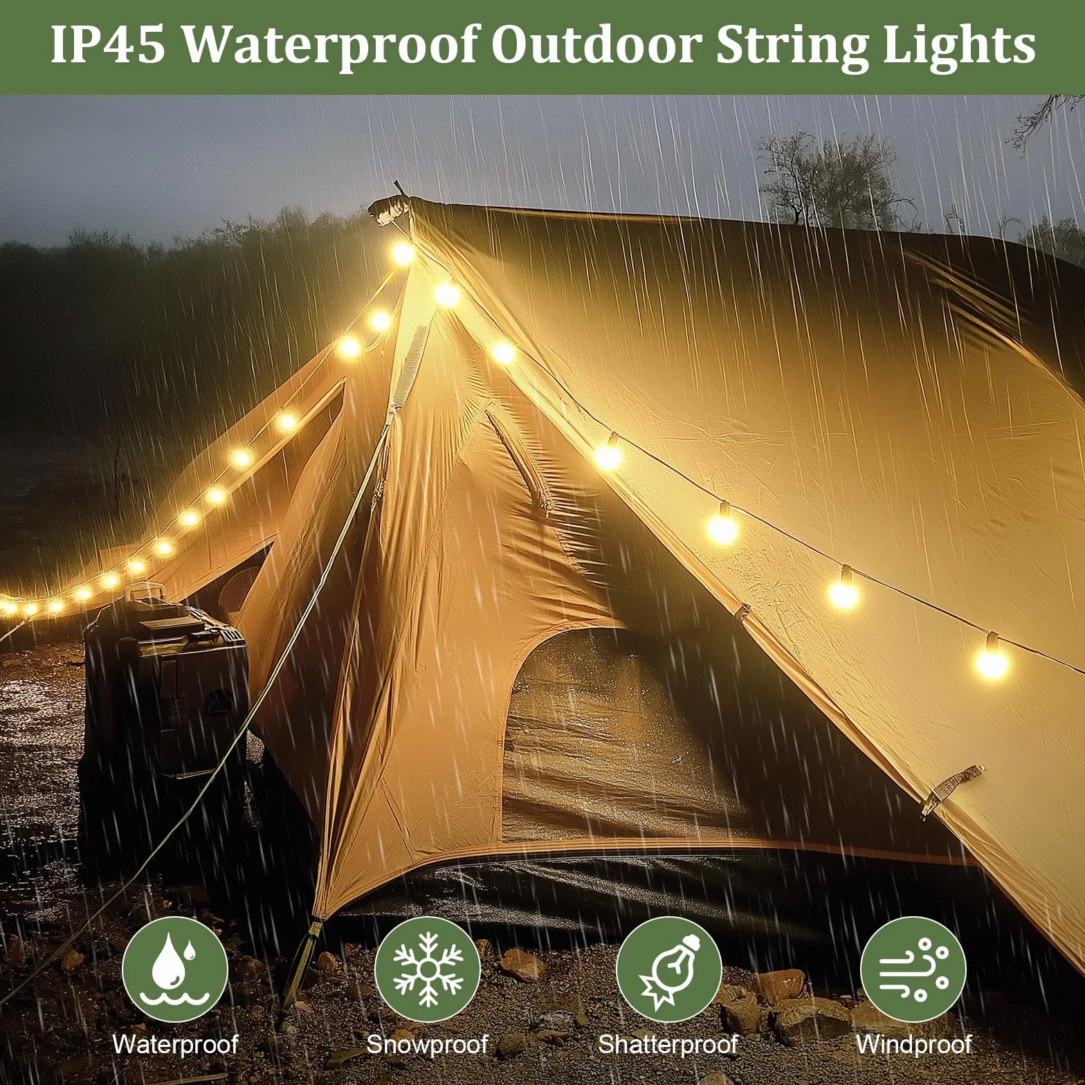 Guirnalda Luces Exterior 15M IP45 Impermeable Conectable 25+1 Bombillas Plástico Inastillable 2500K Blanco Cálido