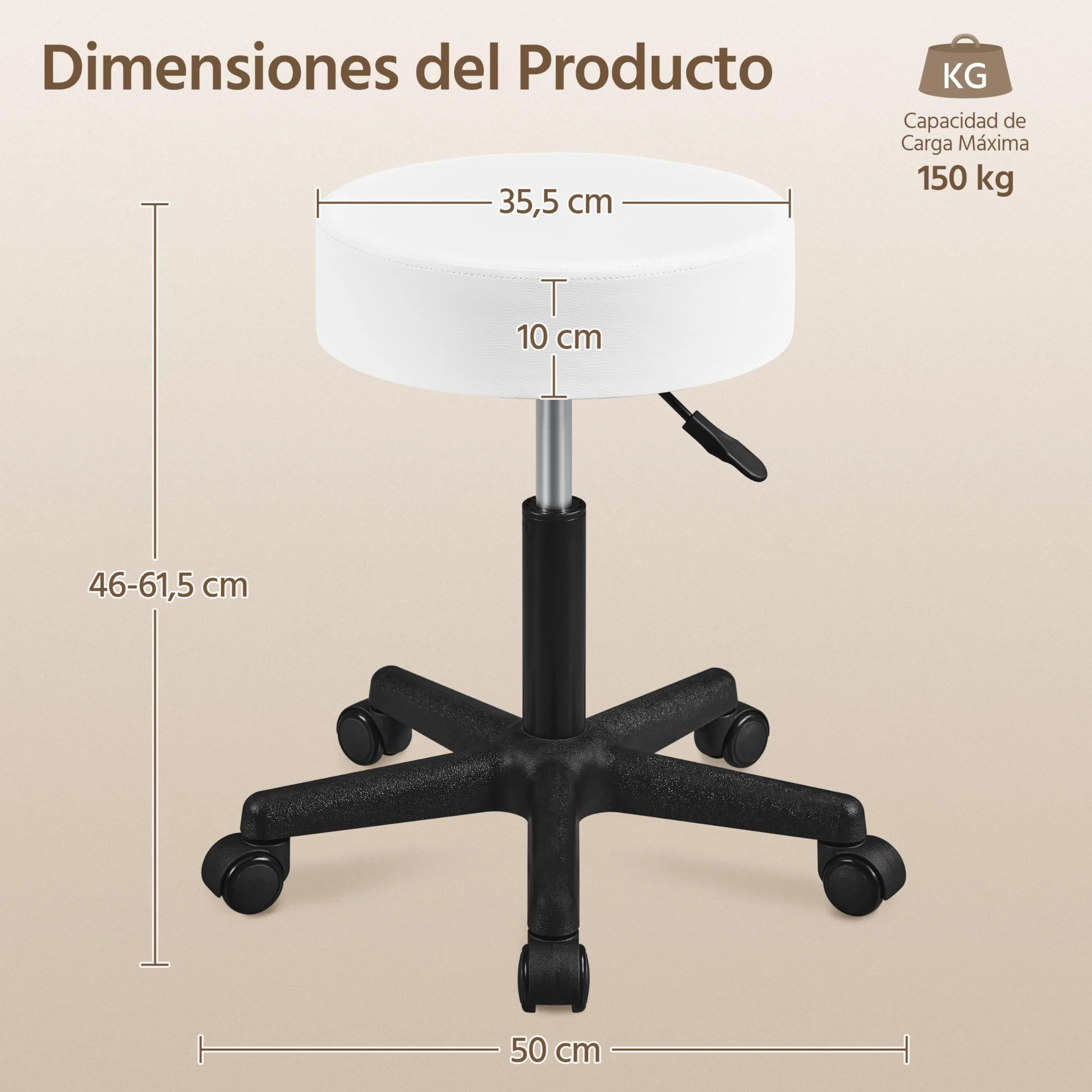 Yaheetech Taburete de Bar Giratorio Regulable en Altura con Ruedas Cubierta PU Blanco