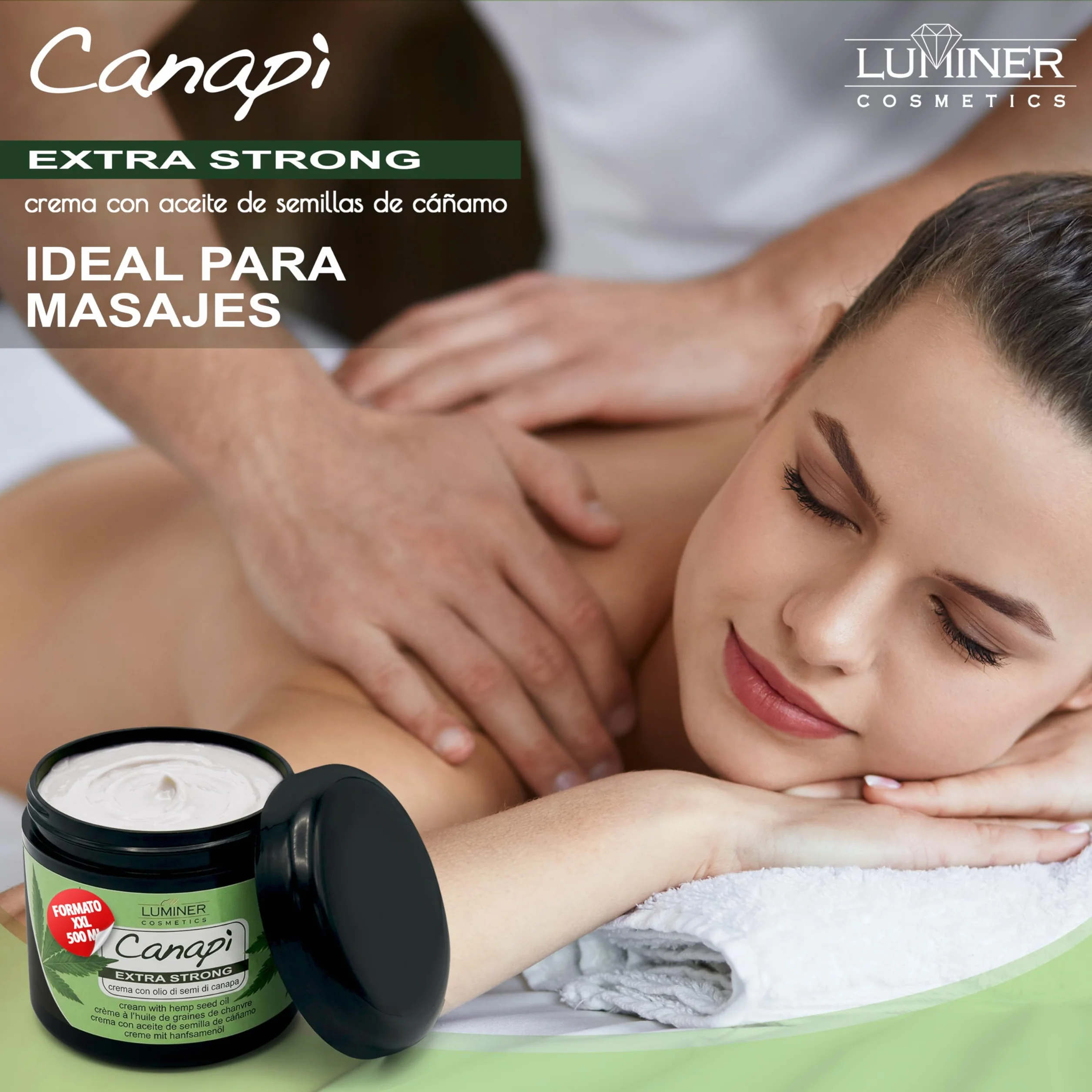 Luminer Crema de aceite de semillas de Cáñamo 500 ml Gel de masaje con árnica y harpagofito