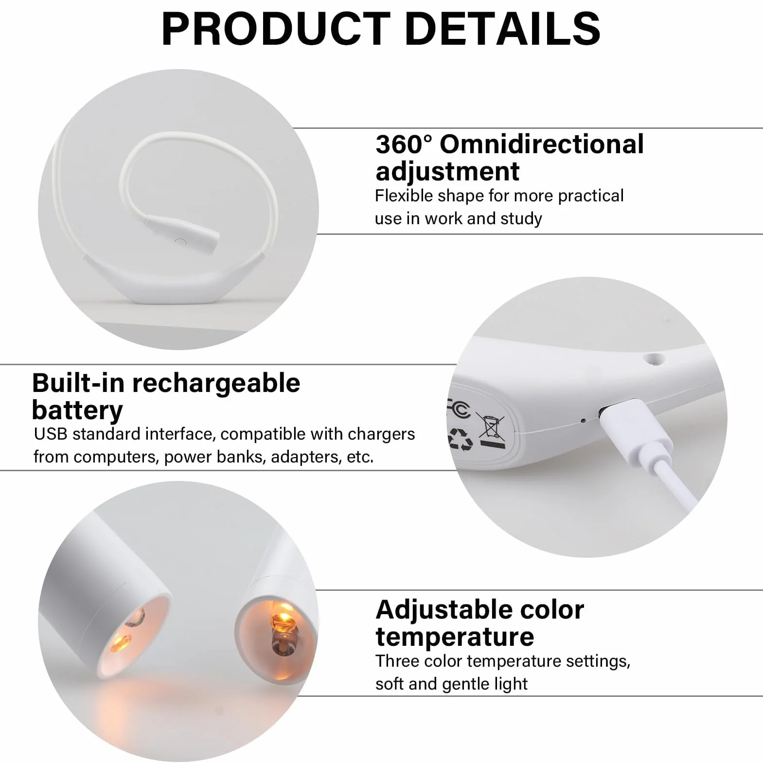 Lámpara de Cuello Lumi Crealis, Luz Ajustable Recargable 3 Colores 9 Niveles Brillo, Collar Flexible Rotación 360°