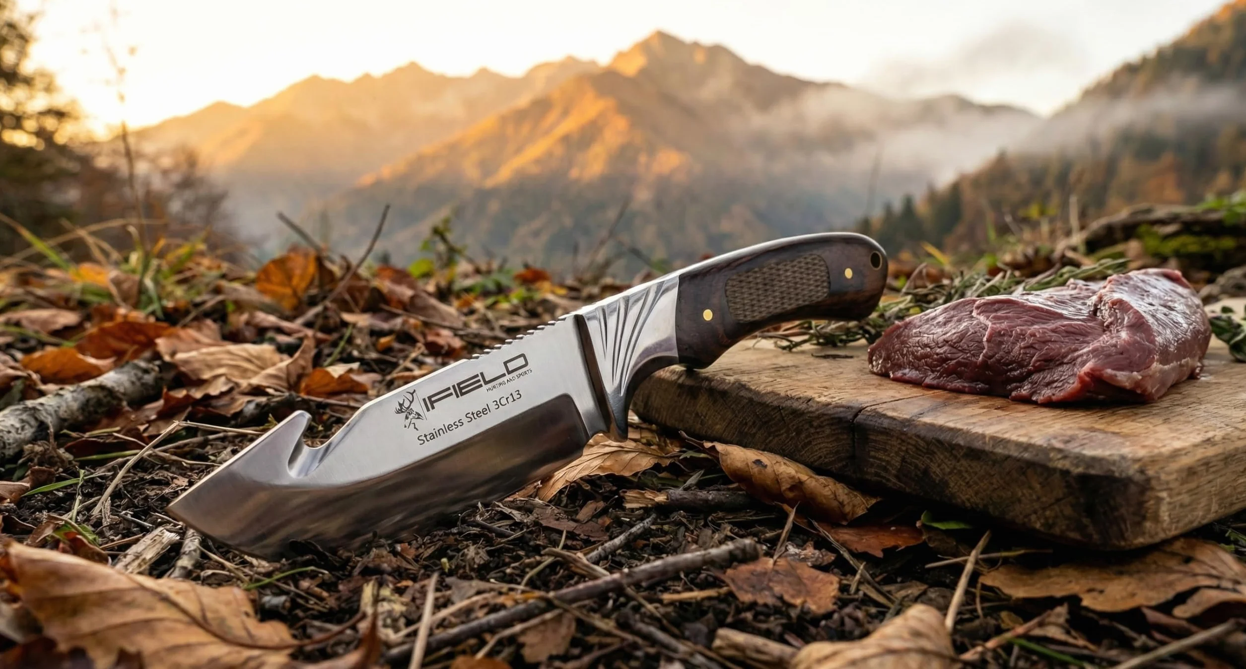 iFIELD Cuchillo desollador Camper EL29015, Mango Stamina Decorada, Hoja Acero INOX de 10,5 cms, Largo Total 22,5 cms, con Funda de Piel, Herramienta de Camping para Pesca, Caza, Actividad Deportiva