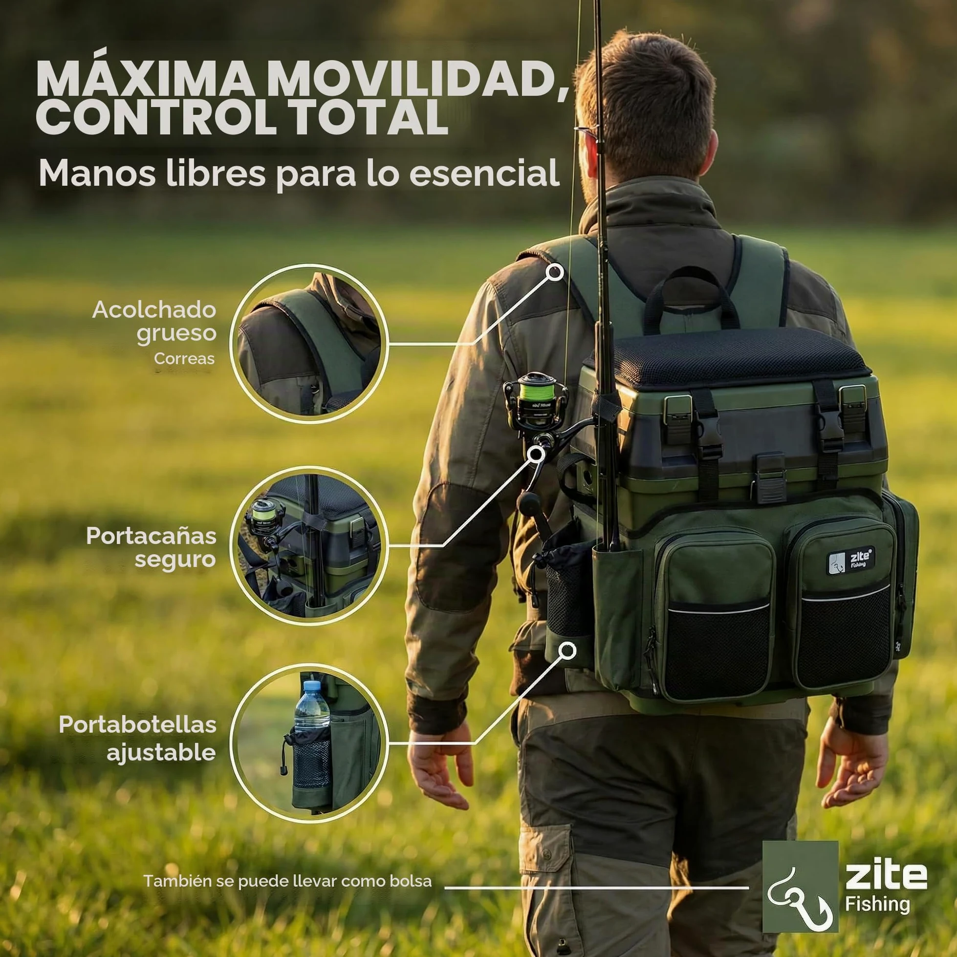 Zite Fishing Mochila Multifuncional con Asiento - Incluye 4 Cajas de plástico en la Tapa - Ideal para Guardar Accesorios de Pesca
