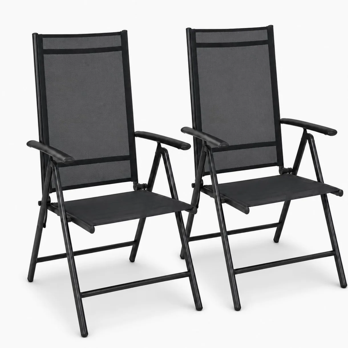 Pack de 2 Sillas Plegables de Jardín con Reposabrazos – Silla con Estructura de Acero Ligero y Tela Mesh Transpirable, Respaldo Alto y Plegable para Terraza, Patio, Jardín y Camping – Color Negro