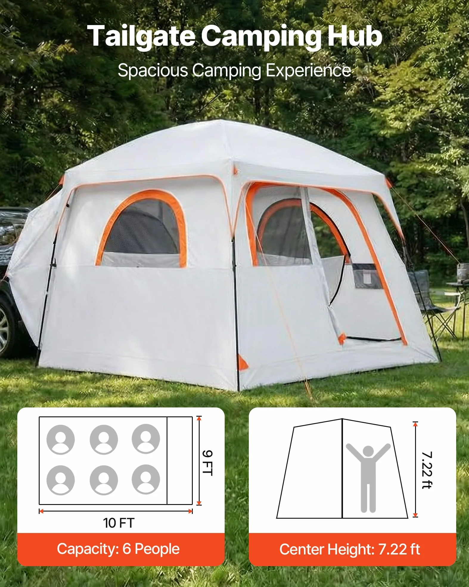 VEVOR Tienda de Campaña para Portón Trasero 304,8 x 274,3 x 220 cm para 6 Personas, Tienda de Campaña para Maletero de Coche con Puertas Ventiladas y Ventanas de Malla para Acampar al Aire Libre