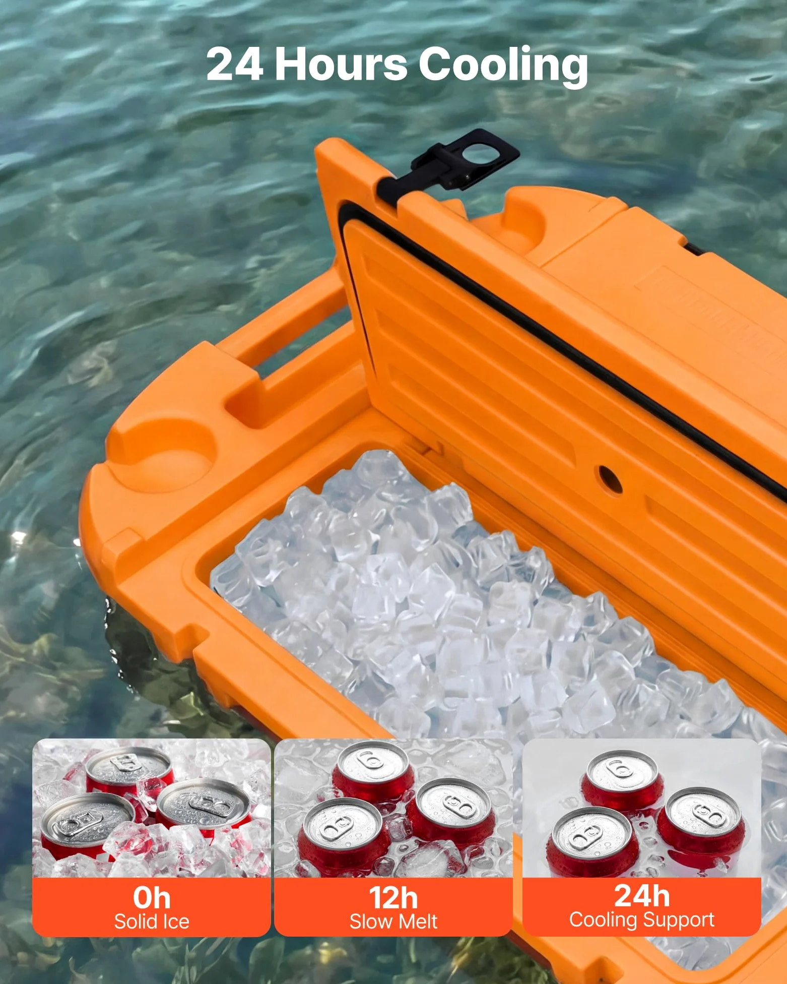 VEVOR Nevera Flotante 37,9 L Enfriador Flotante para Agua y Tierra con Ruedas, Portavasos, Carcasa Rígida Aislada, Cuerda de Remolque, Asas Laterales para Piscina Playa Bebida Barco, Color Naranja