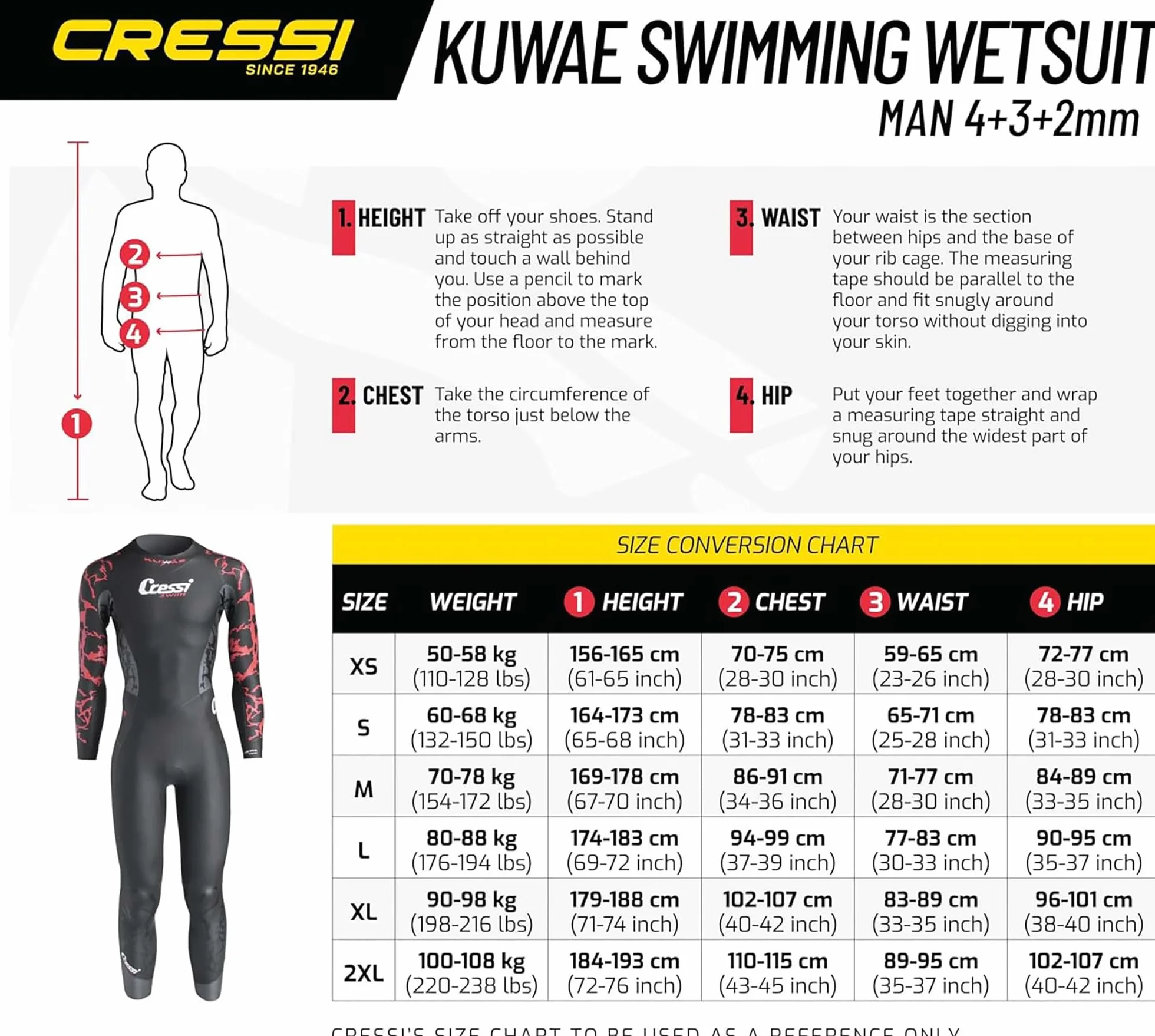 Cressi Kuwae Man Monop. Swimsuit 2/3/4mm Traje de natación de una Sola Pieza, Hombres