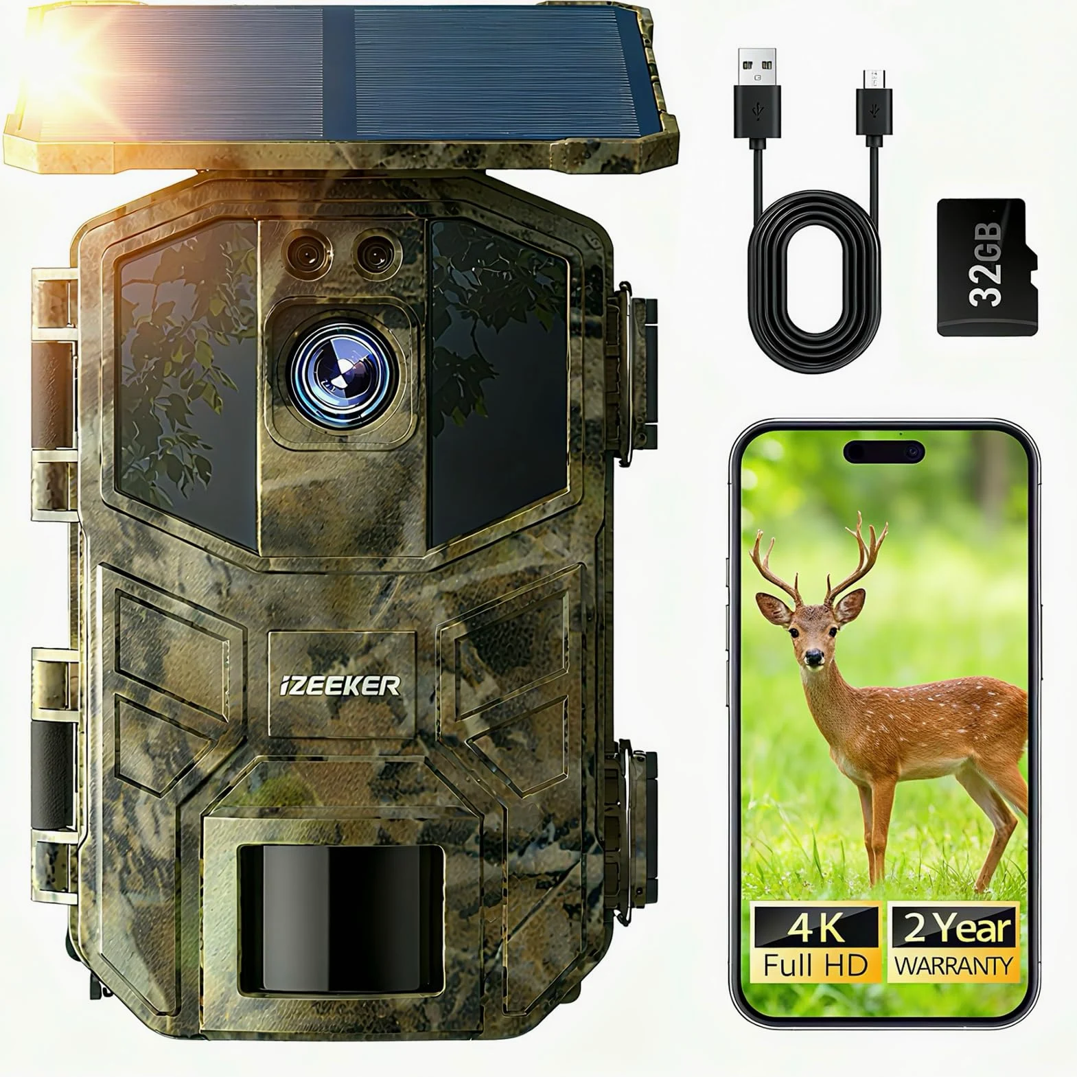 iZEEKER Cámara de Caza Solar, 4K Ultra HD 64MP Camara Fototrampeo con 32GB Micro SD Karte & 5200mAh Batería Recargable, Envio al Movil App y WiFi Bluetooth, Visión Nocturna, IP66 Impermeable