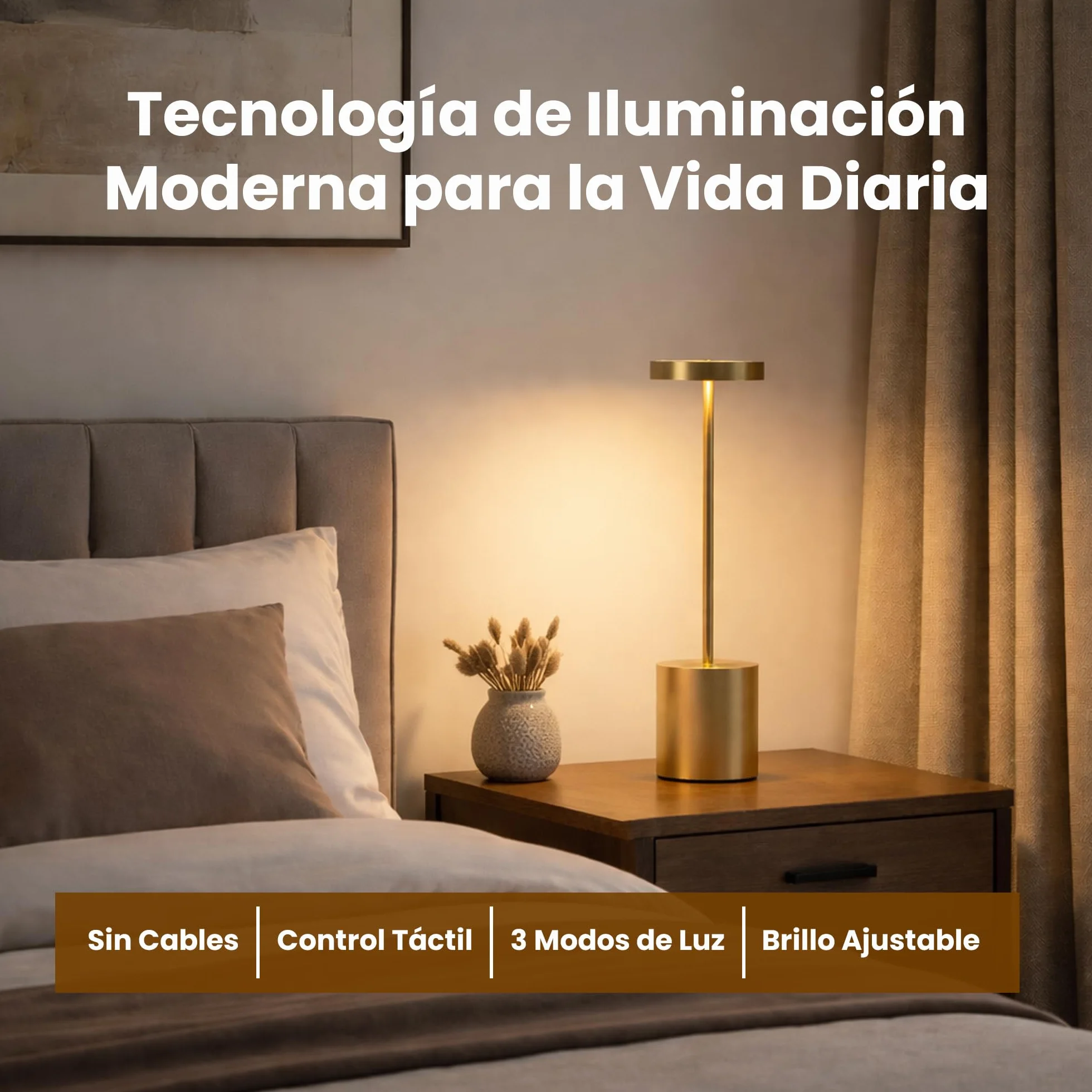 Lámparas de Mesa LED Inalámbricas Recargables Doradas Pack 2 – Control Táctil, 3 Modos de Luz, Brillo Regulable