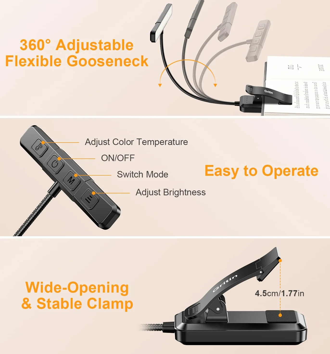 Gritin 2026 Gen 2 Luz Lectura Recargable 32 LED Espectro Completo Protección Ocular 5 Colores 5 Niveles Brillo Ajustable Haz Ancho Estrecho Batería Larga Duración