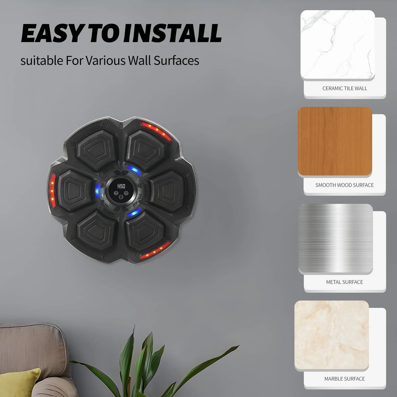 Máquina de Boxeo Musical de Pared con Guantes, 9 Modos de Velocidad, Modo de Conteo, Bluetooth para Entrenar y Liberar Estrés
