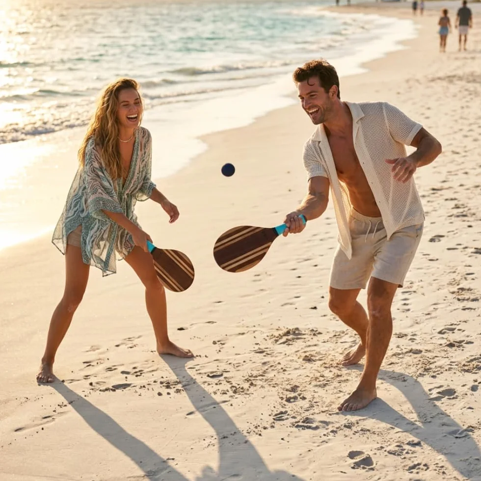 Ubergames Frescobol Set de madera – Baquetas de tenis de playa con 2 bolas y bolsa de lona – Juego de playa para adultos y niños