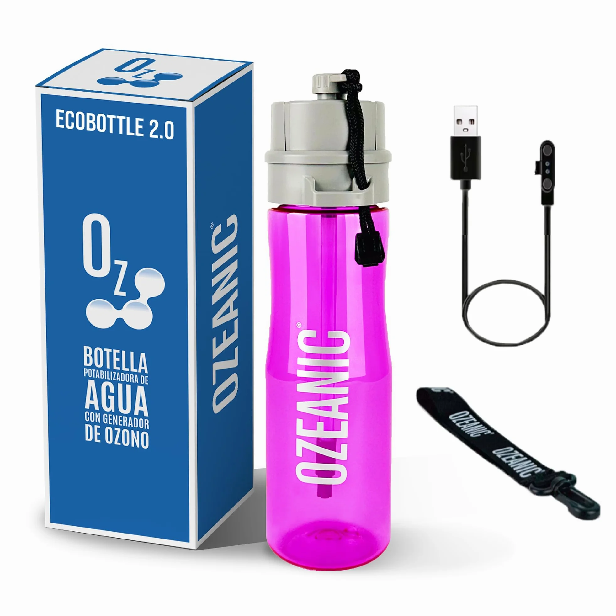 EcoBottle 2.0 750 ml Rosa – Botella Purificadora de Agua Reutilizable | Ozonizador de agua portátil | Elimina virus y bacterias | Sin filtros