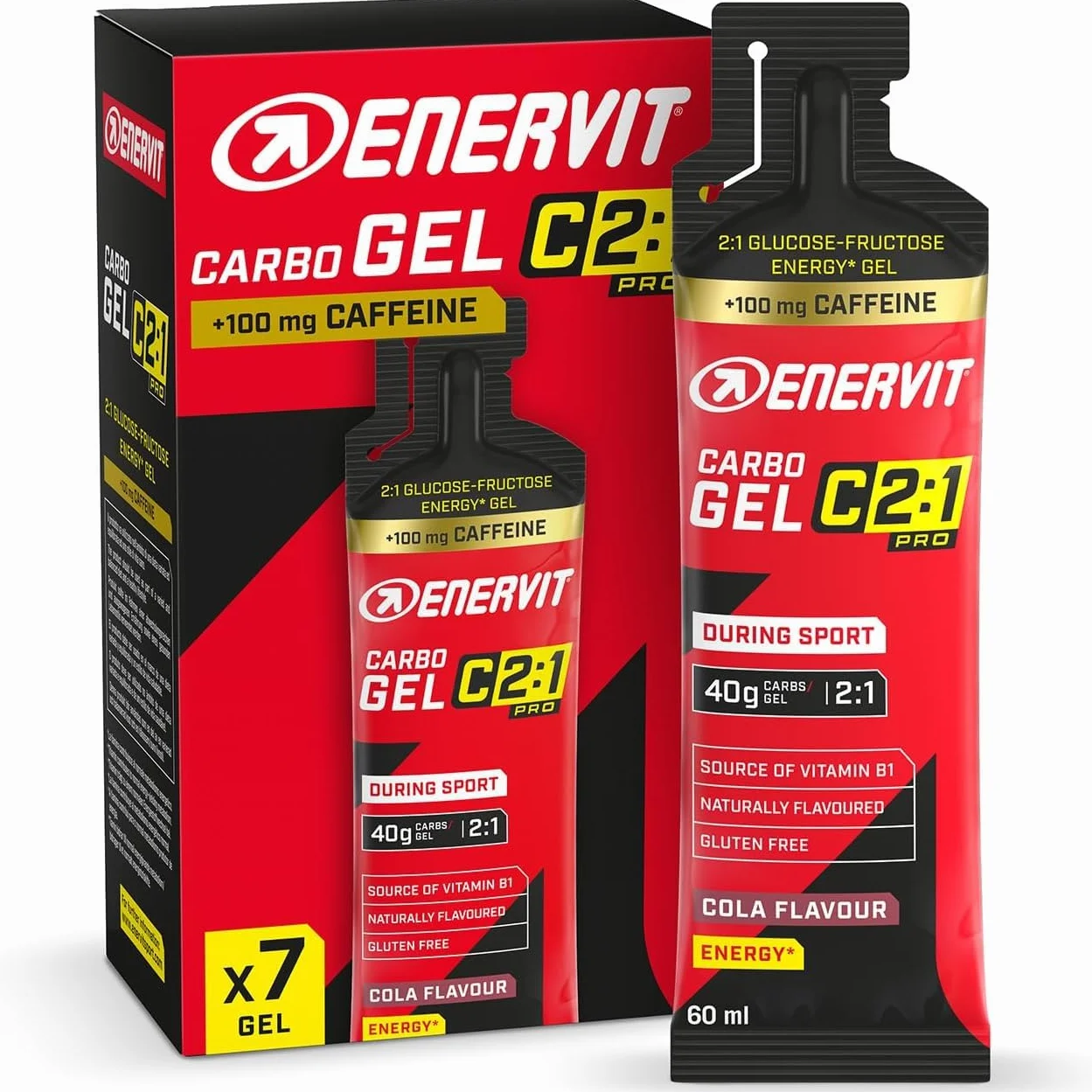 Enervit Carbo Gel C2:1PRO con Cafeína, Gel Energético 40g Carbohidratos, Sabor Cola, 7 Pack 60ml