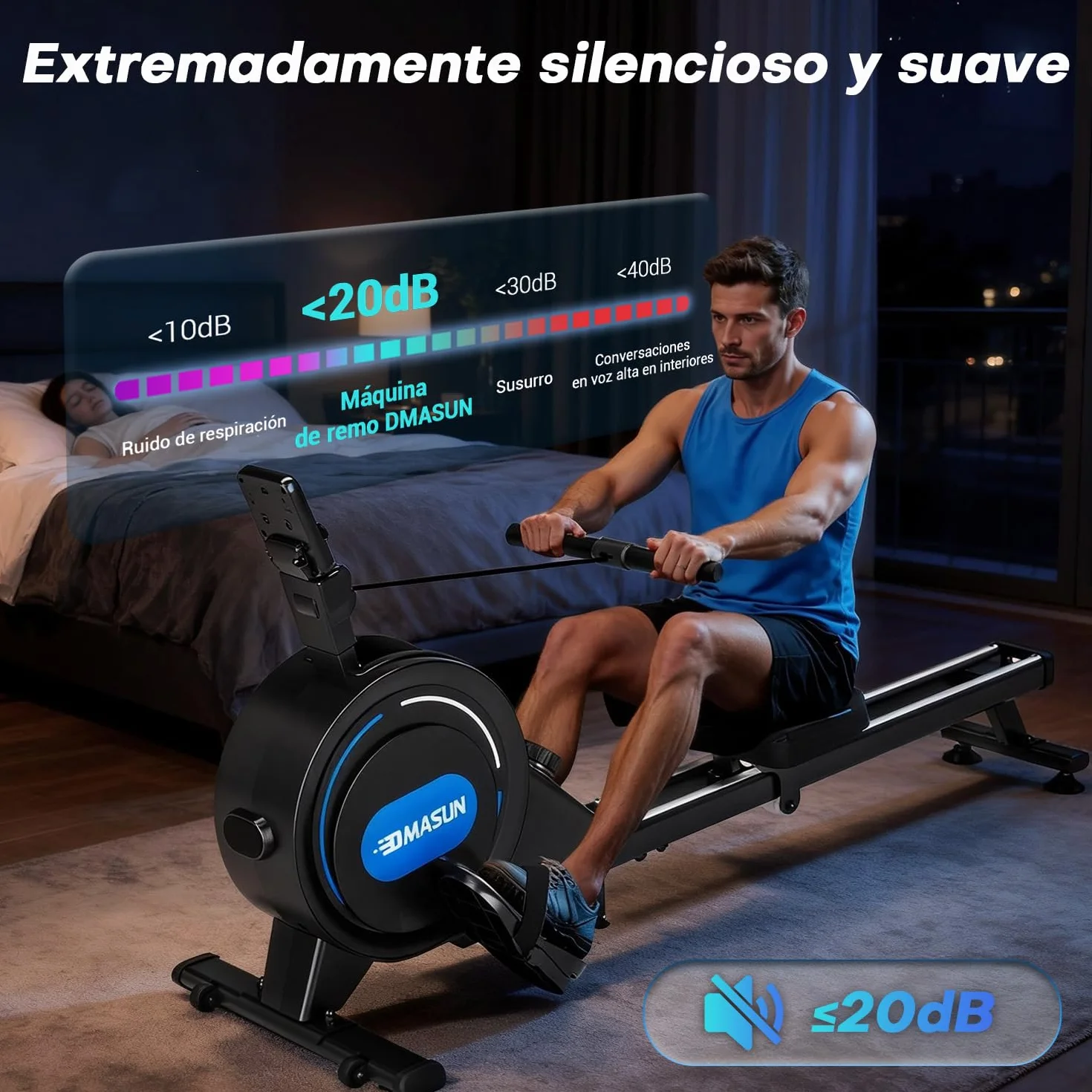 Máquina de Remo para Casa, 16/32 Niveles de Resistencia, Remo Magnético Silencioso con App Corriente Principal, Rieles Dobles Mejorados para Mayor Estabilidad + Negro + Azul