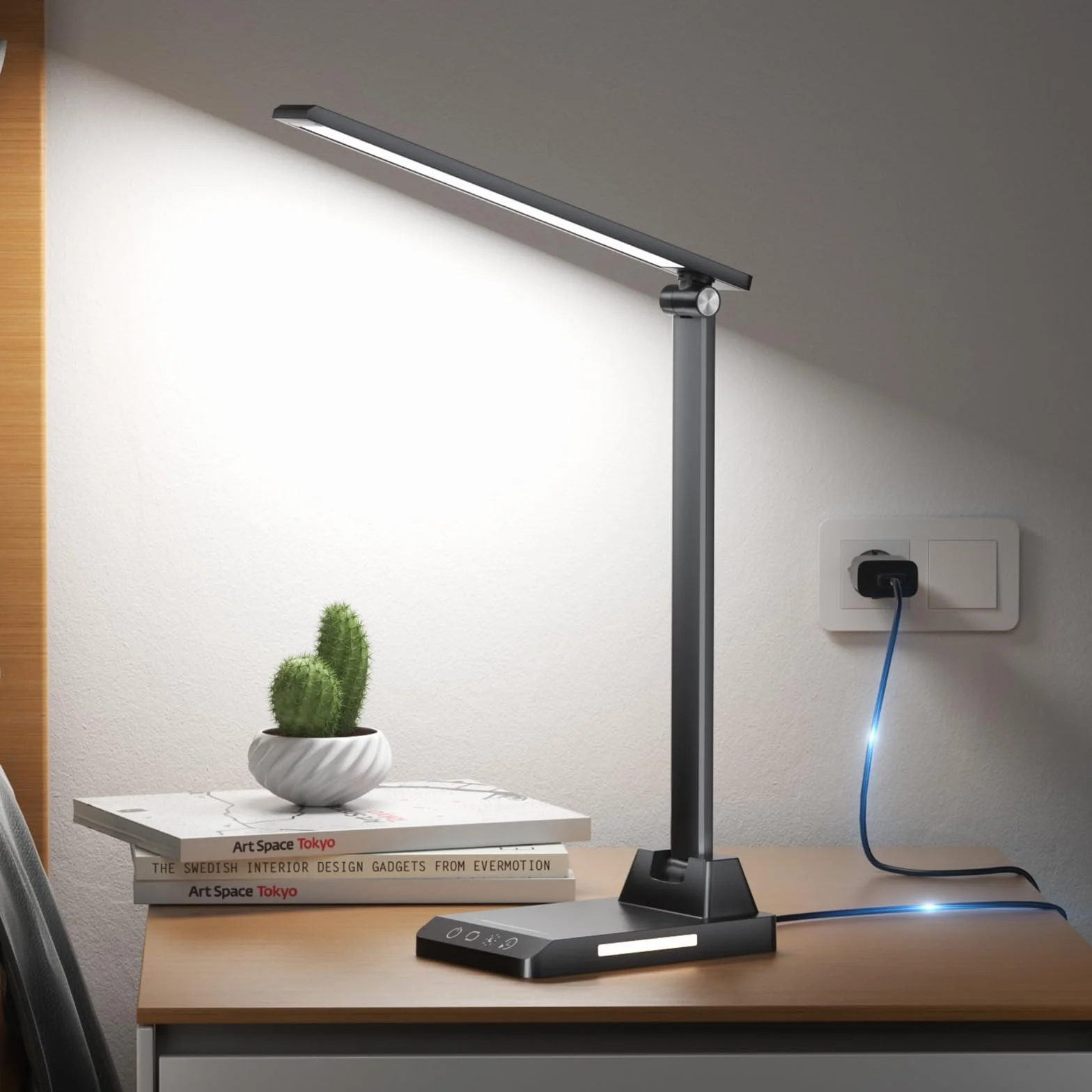 Lámpara Escritorio LED Flexo, 5 Modos, 10 Niveles Brillo, Temporizador 30/60min, Memoria, Negro