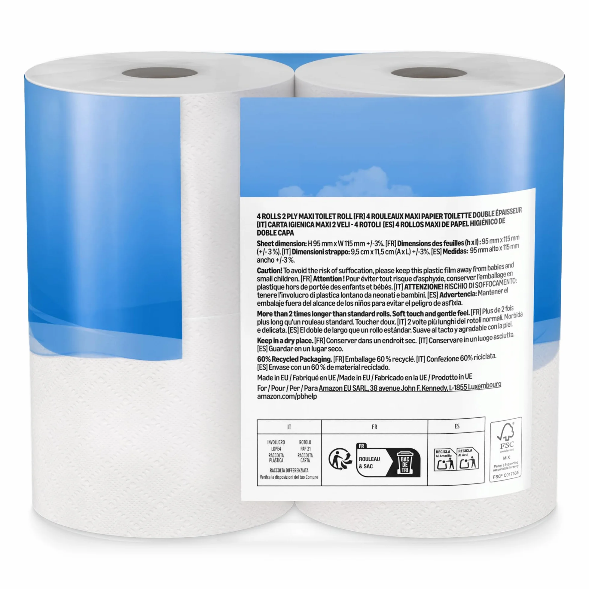 Amazon Papel higiénico Maxi Roll 2 capas 500 desgarros por rollo 4 rollos FSC