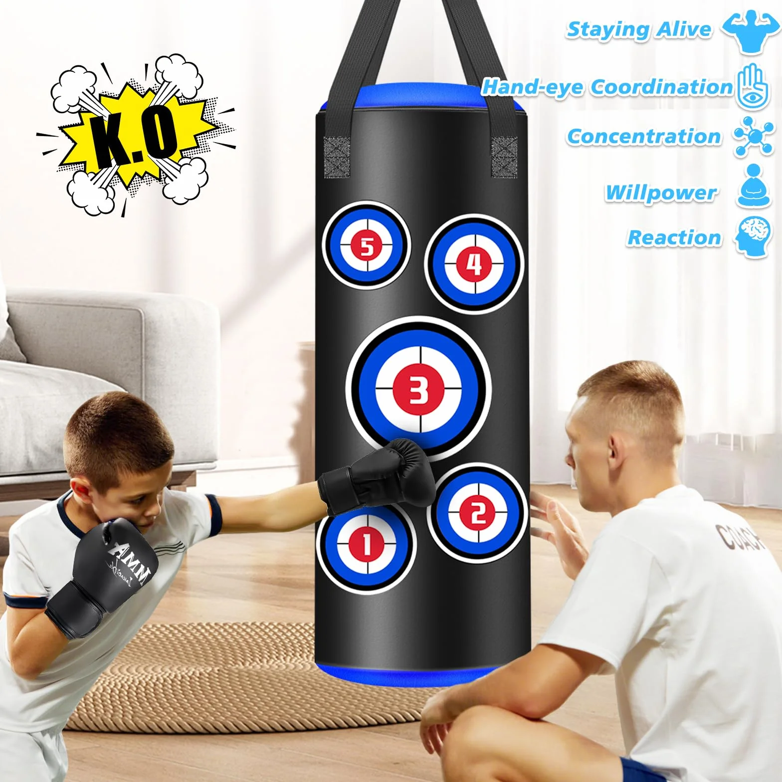 Saco de Boxeo Niños, Boxeo Niños con Guantes, Microfiber Leather Heavy Bag para 5-14 años para Practicar Karate, Taekwondo, MMA