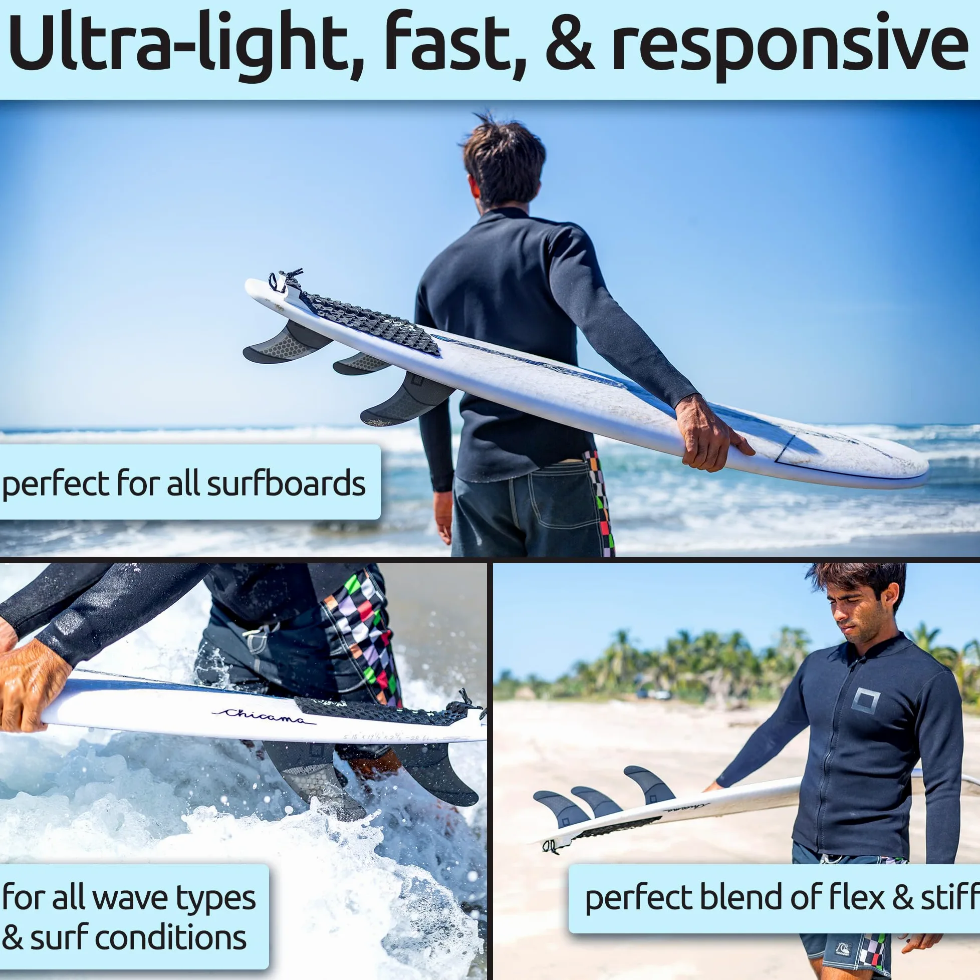 Juego de aletas de empuje mediano (3 aletas), panal con aletas de fibra de carbono para tabla de surf, compatible con tablas de surf Futures de una sola pestaña, monta como Twin o