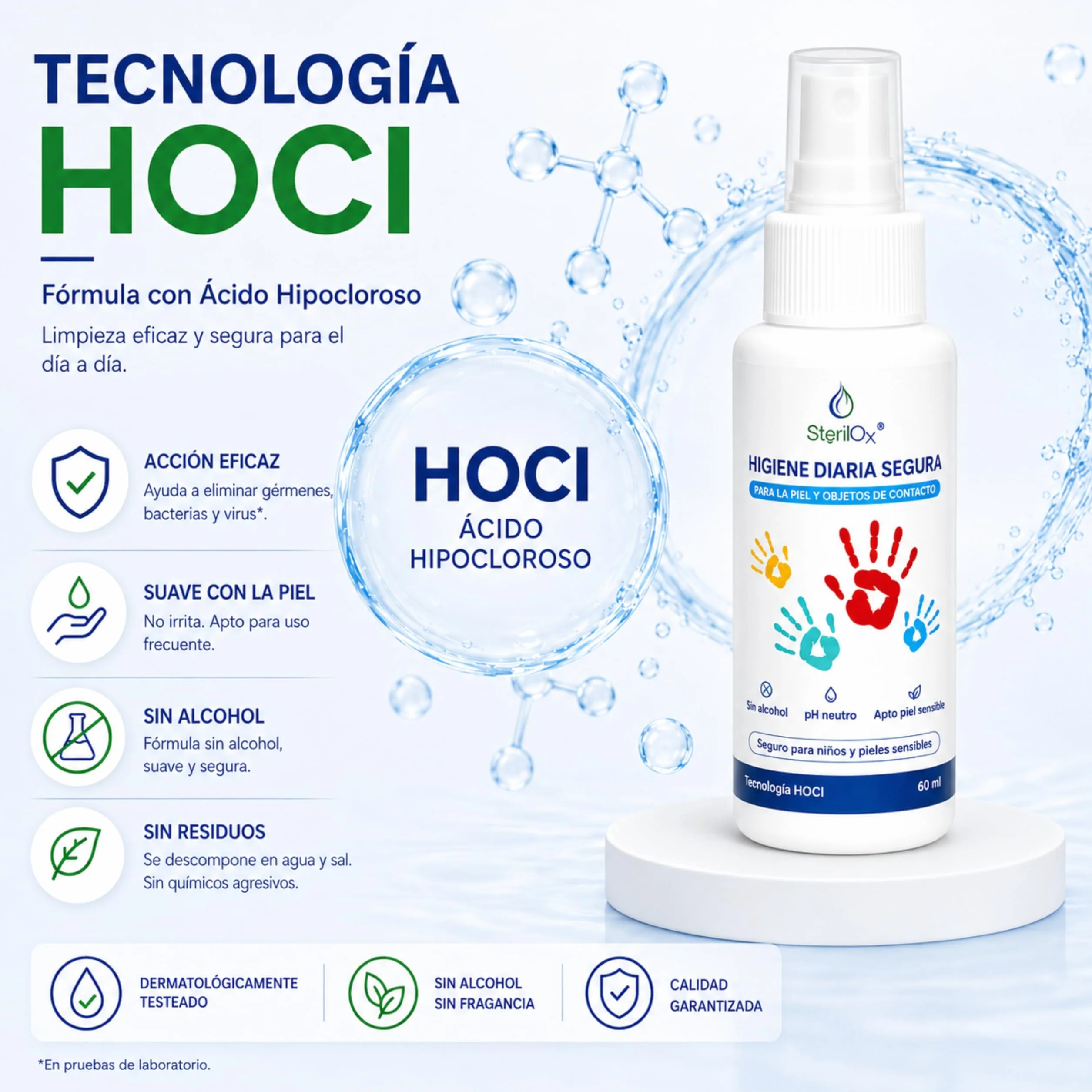 Spray Cosmético Antiseptico 60 ml con Ácido Hipocloroso, Sin Alcohol, Sin Perfume, Seguro para Niños y Mascotas