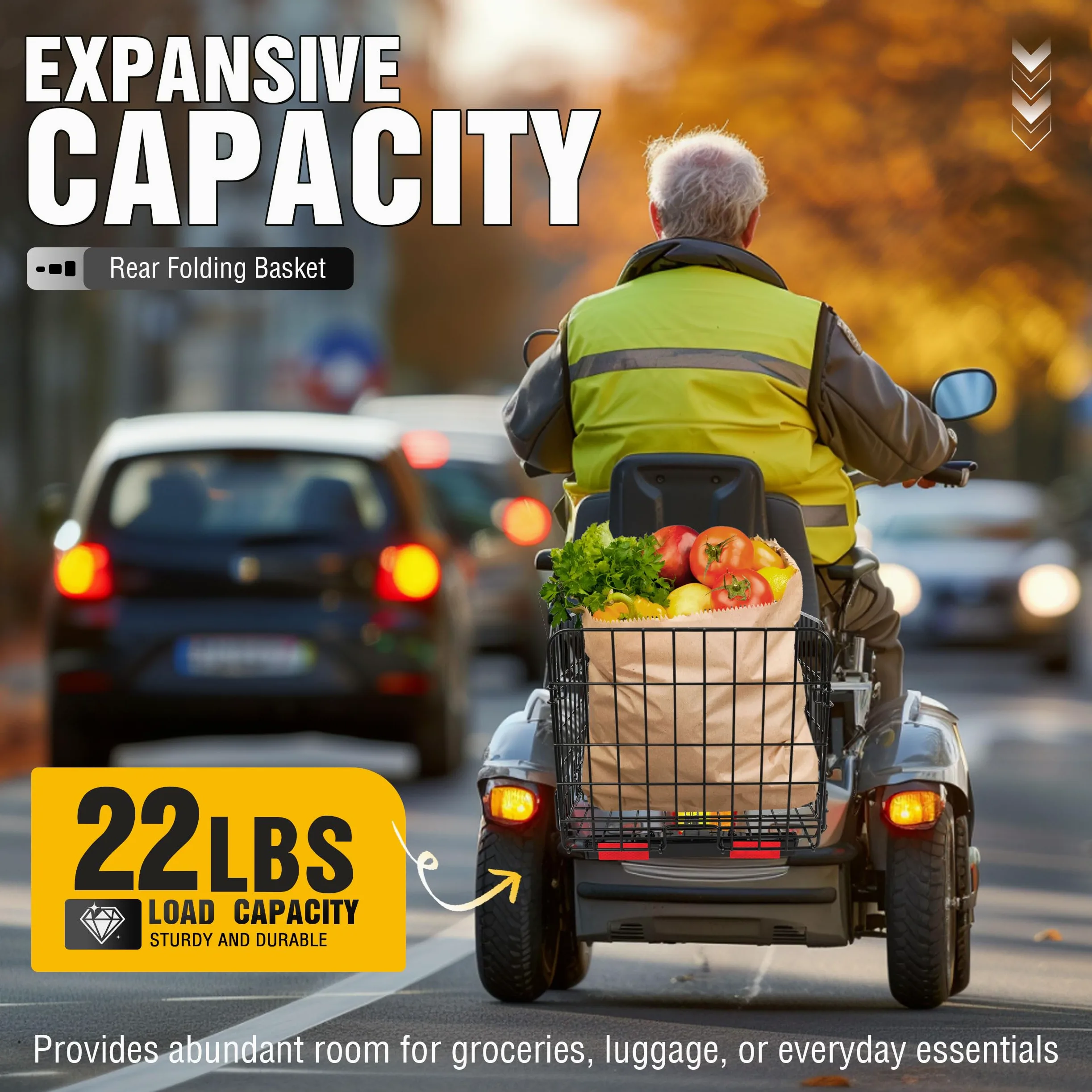 ECOTRIC Cesta plegable trasera compatible con la mayoría de scooters Pride Mobility impermeable, hecha de acero y funciona con receptor de 1 pulgada, cesta de carga, color negro
