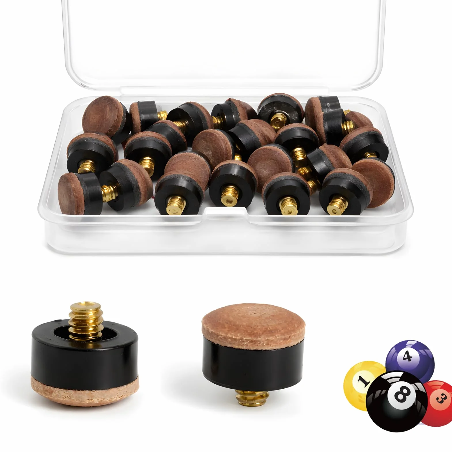 20 Puntas para Caña de Billar, Set de Repuesto 12 mm & 13 mm con Caja de Almacenamiento, Cuero Sintético, Universalmente Adaptable para Cañas de Billar, Anti-Deslizamiento para