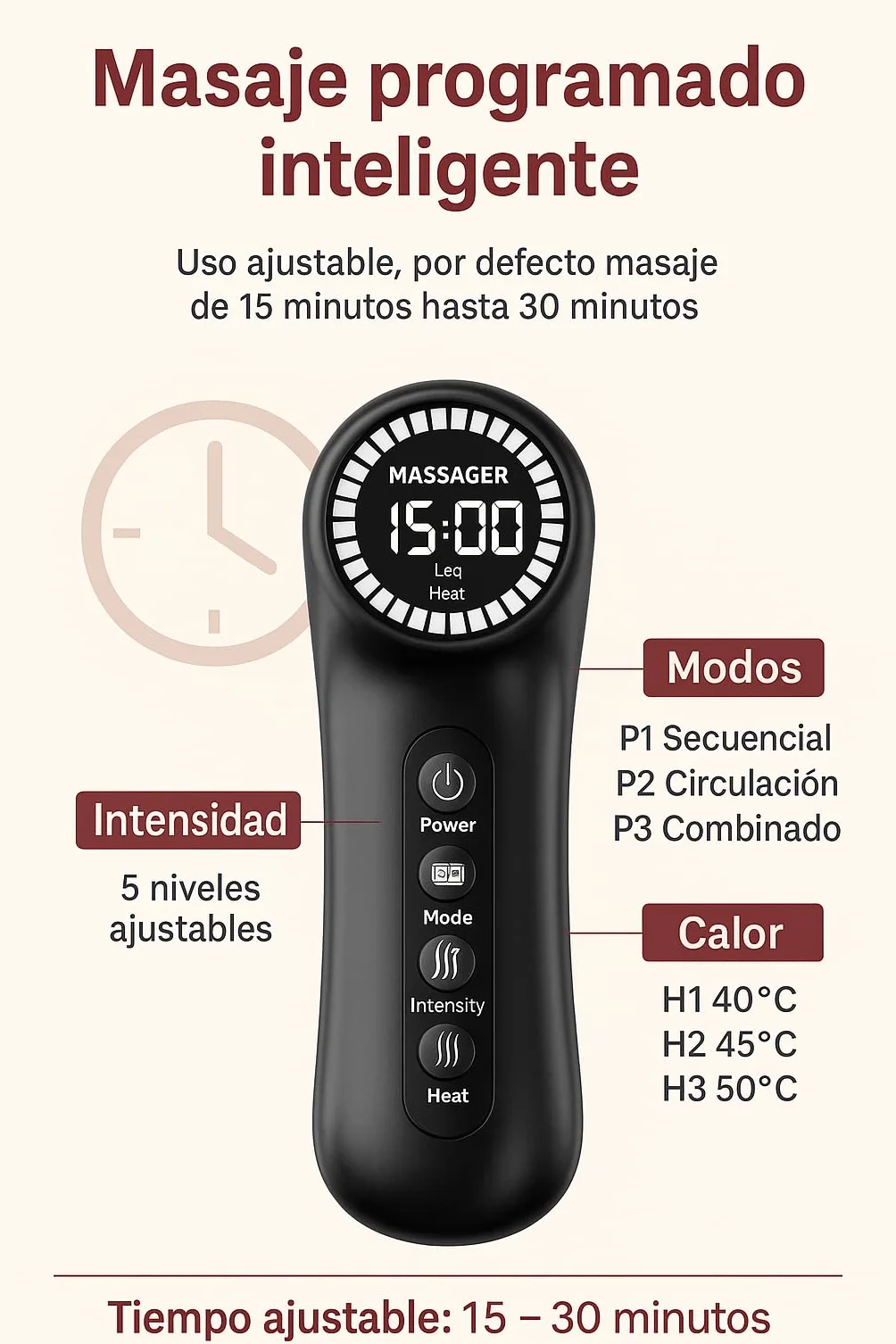 Masajeador de Piernas con Compresión de Aire, Calor y 3 Modos Inteligentes, 5 Niveles, Presoterapia