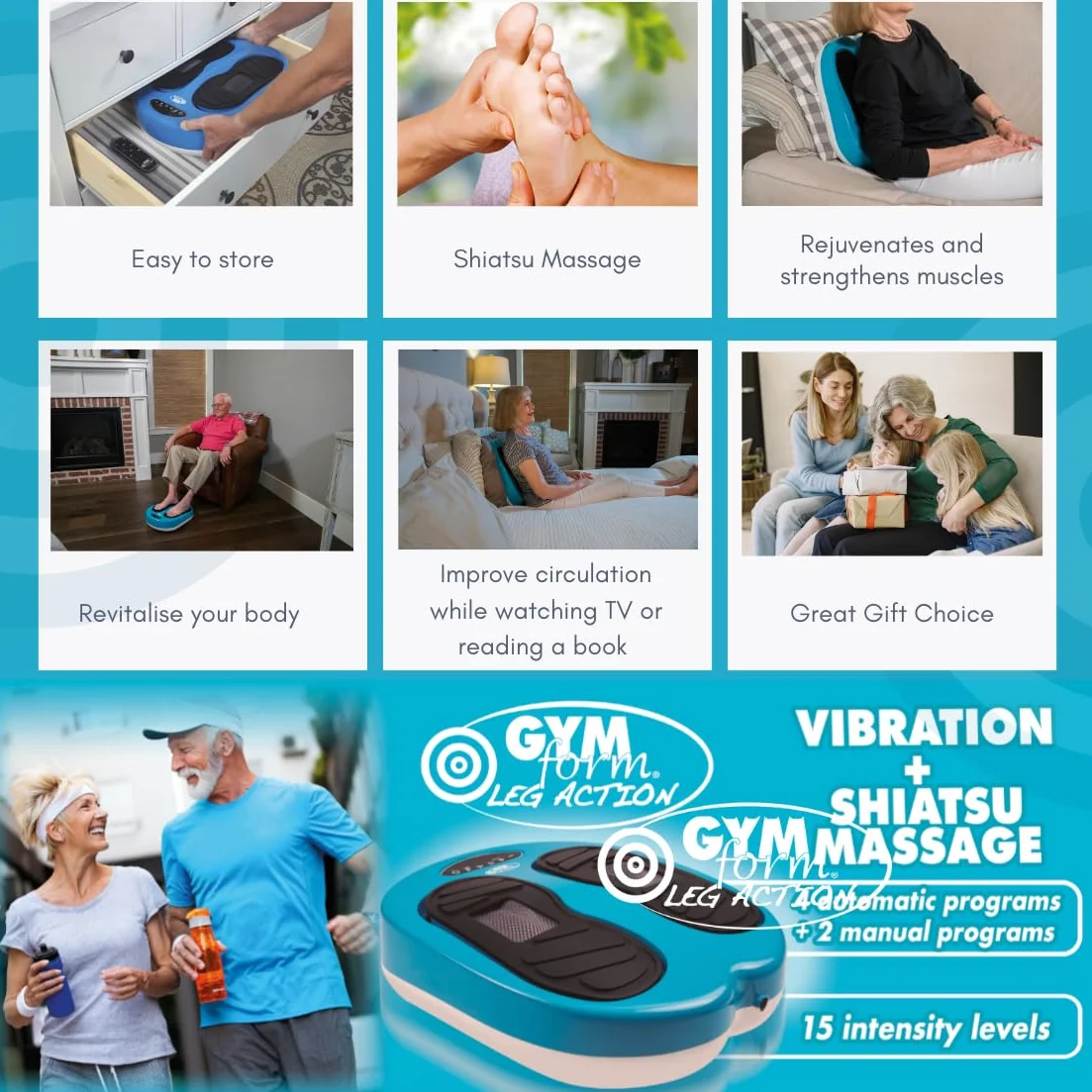 GYMFORM Masajeador de Pies y Piernas Shiatsu con Control Remoto, 6 Programas, 15 Velocidades