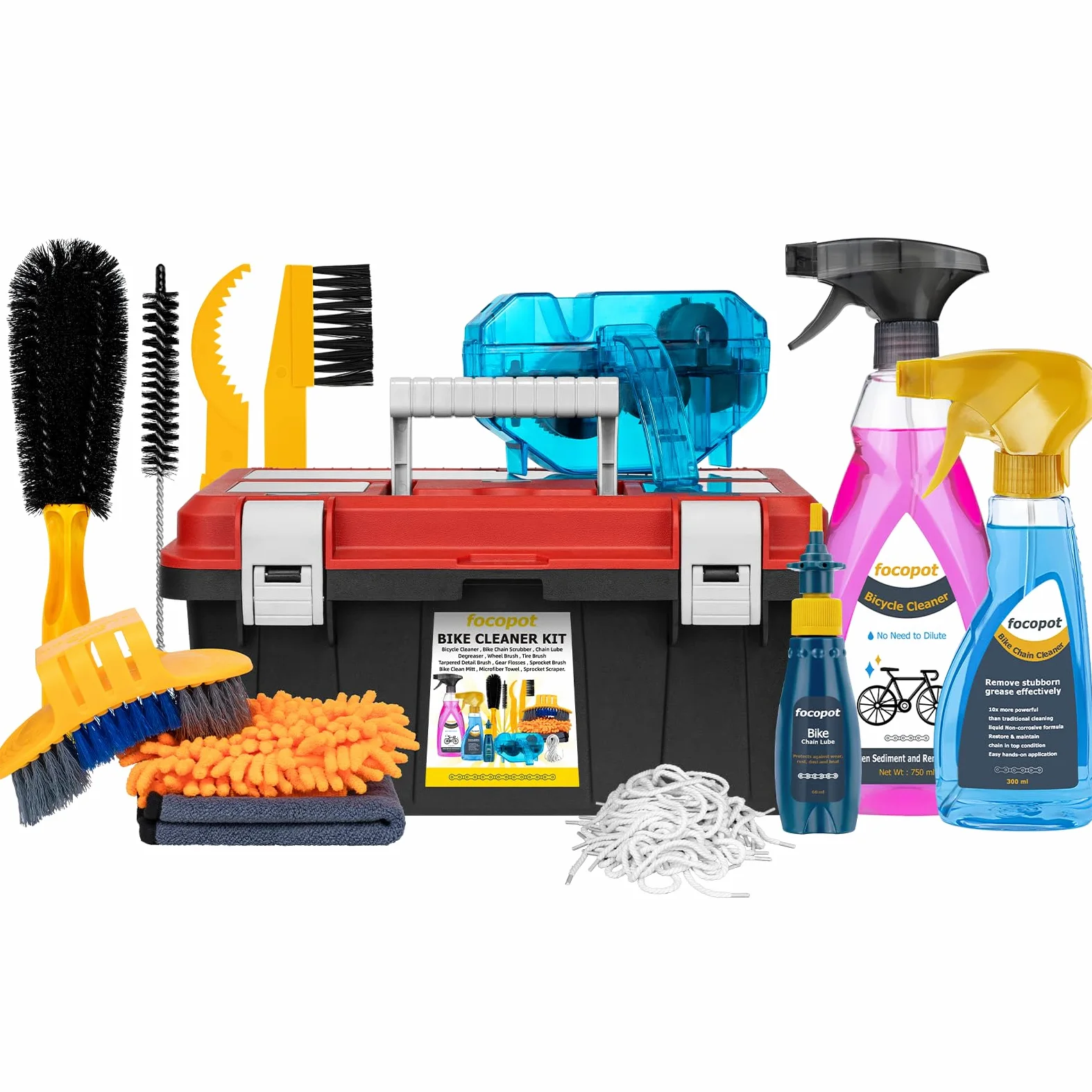 focopot Kit de limpieza de bicicleta con limpiador de cadena de bicicleta, limpiador de bicicletas, depurador, lubricante de aceite, herramienta de cepillo de limpieza, kit de limpieza perfecto para