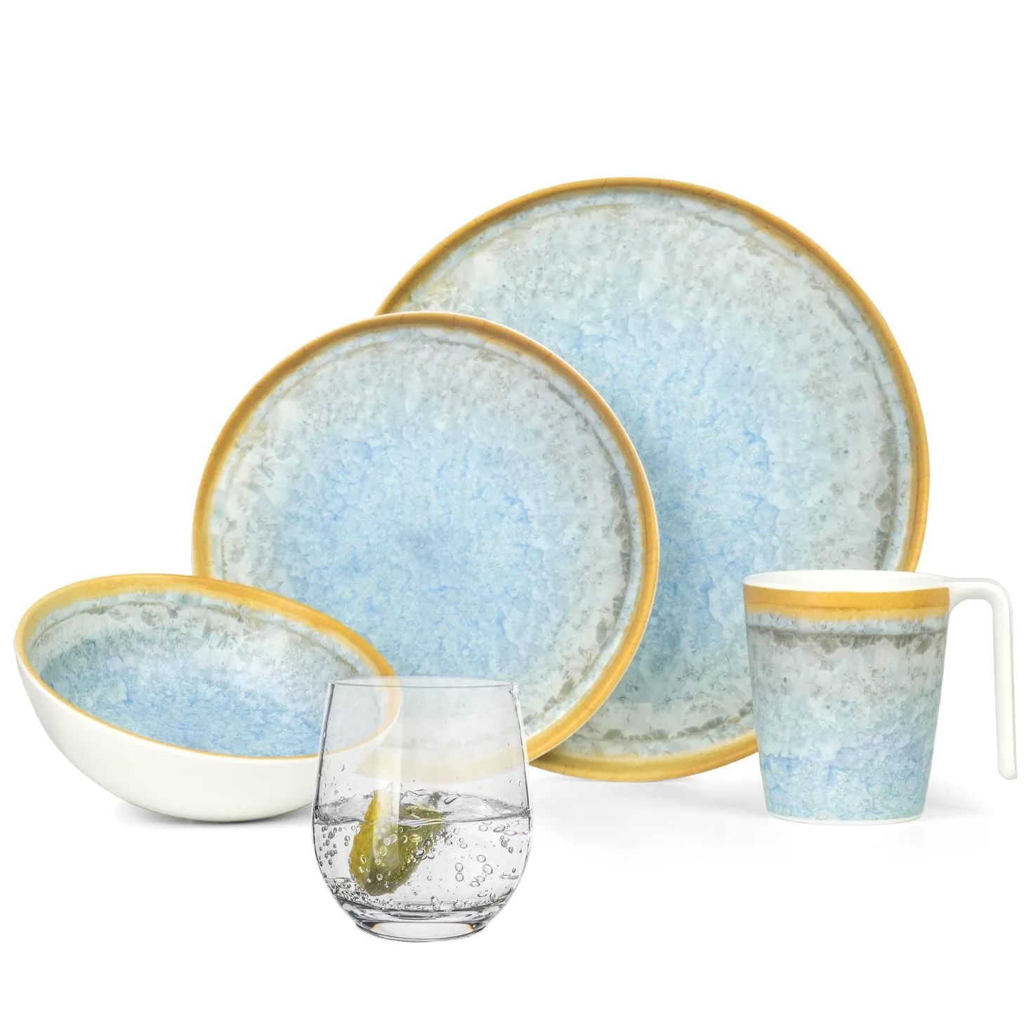 Juego de vajilla de melamina para camping, 4 personas, color azul cristal + 4 vasos de agua Tiamo vajilla de picnic barbacoa