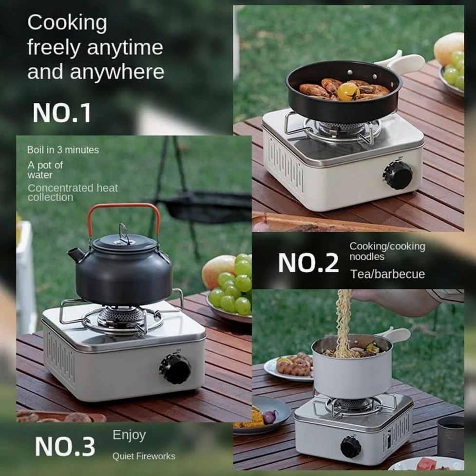 Estufa de gas portátil para camping, parrilla de cocina al aire libre con utensilios, ideal para viajes y aventuras