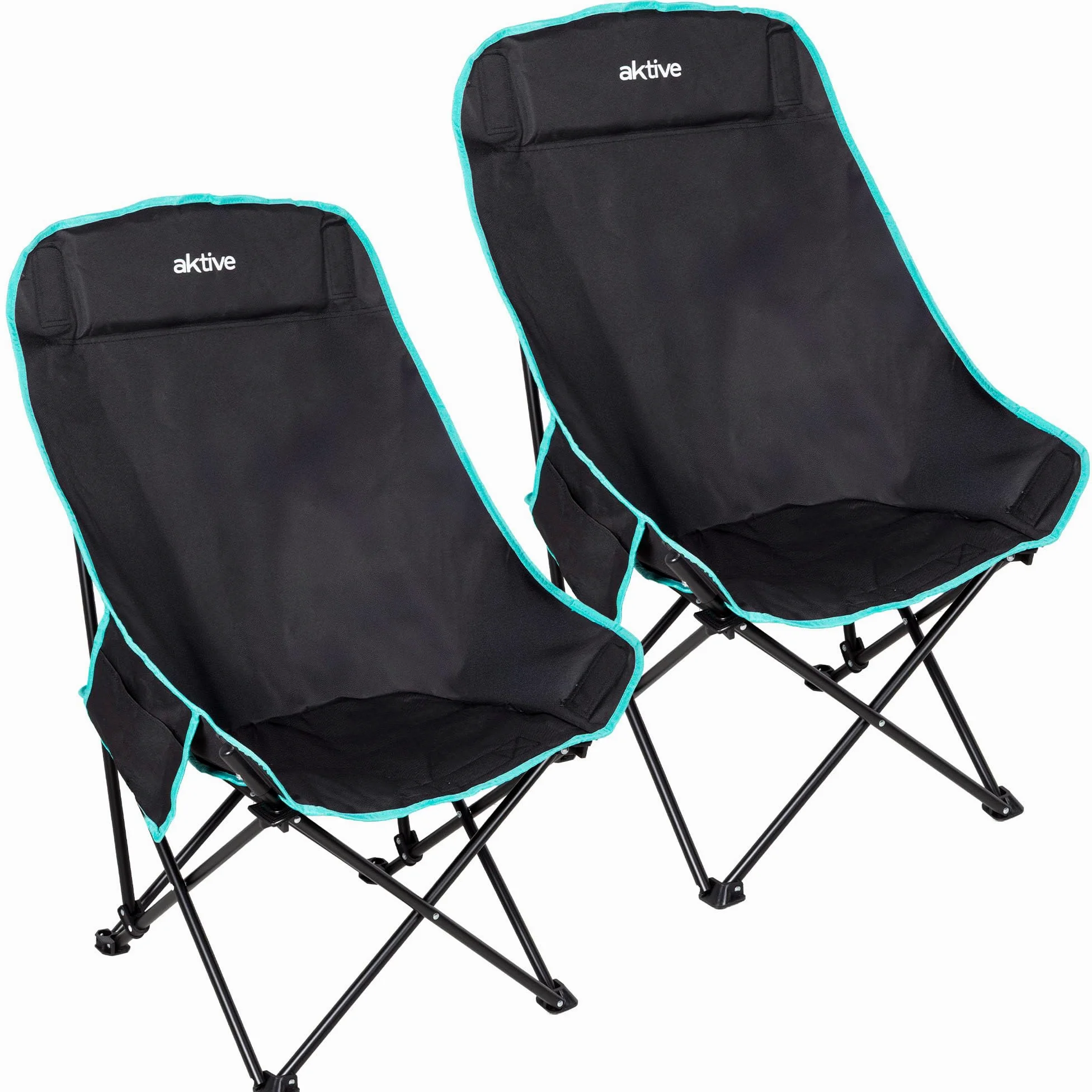 AKTIVE Pack 2 sillas Camping, 55x45x90 cm, Asiento Alto 35 cm, Negro Detalles Turquesa, Respaldo Alto, Antivuelco, Bolsas de Transporte con asa, Bolsillos Laterales (85562)