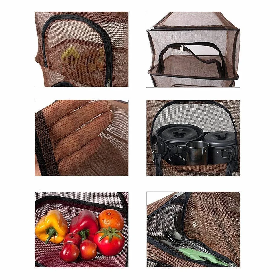 Red seca, para colgar, red seca, 4 compartimentos, almacenamiento de verduras y utensilios de cocina, cesta colgante para camping, viajes, pesca, barbacoa, etc., color marrón