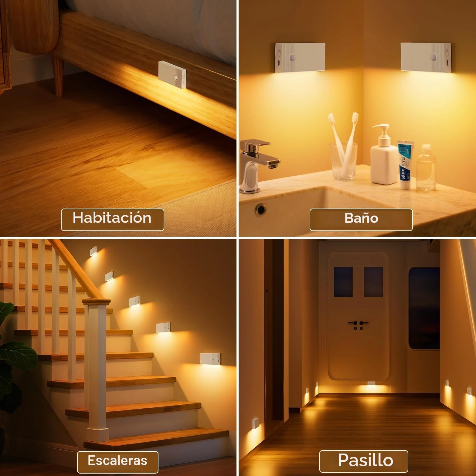 Luz Nocturna con Sensor de Movimiento, 4 Piezas Recargable LED, 3 Modos, Blanco