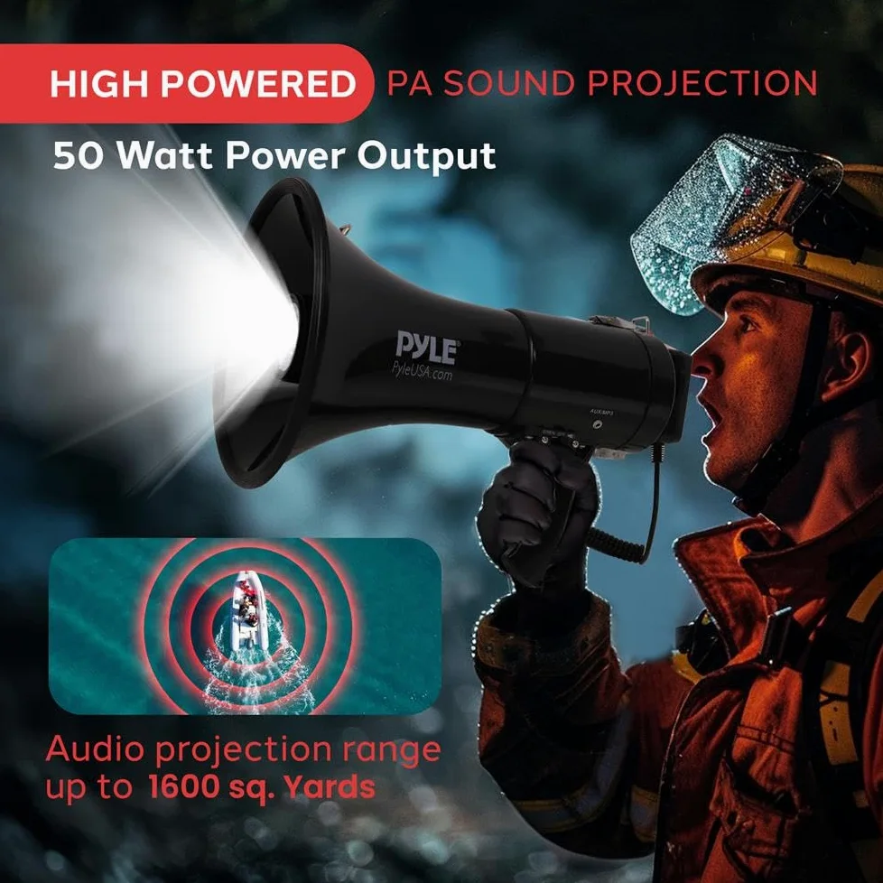 Pyle Altavoz megáfono PA Compacto portátil, megáfono Recargable de 50 W con Sirena, Volumen Ajustable, Altavoz de Mano Ligero, para Entrenadores, árbitros y Salvavidas