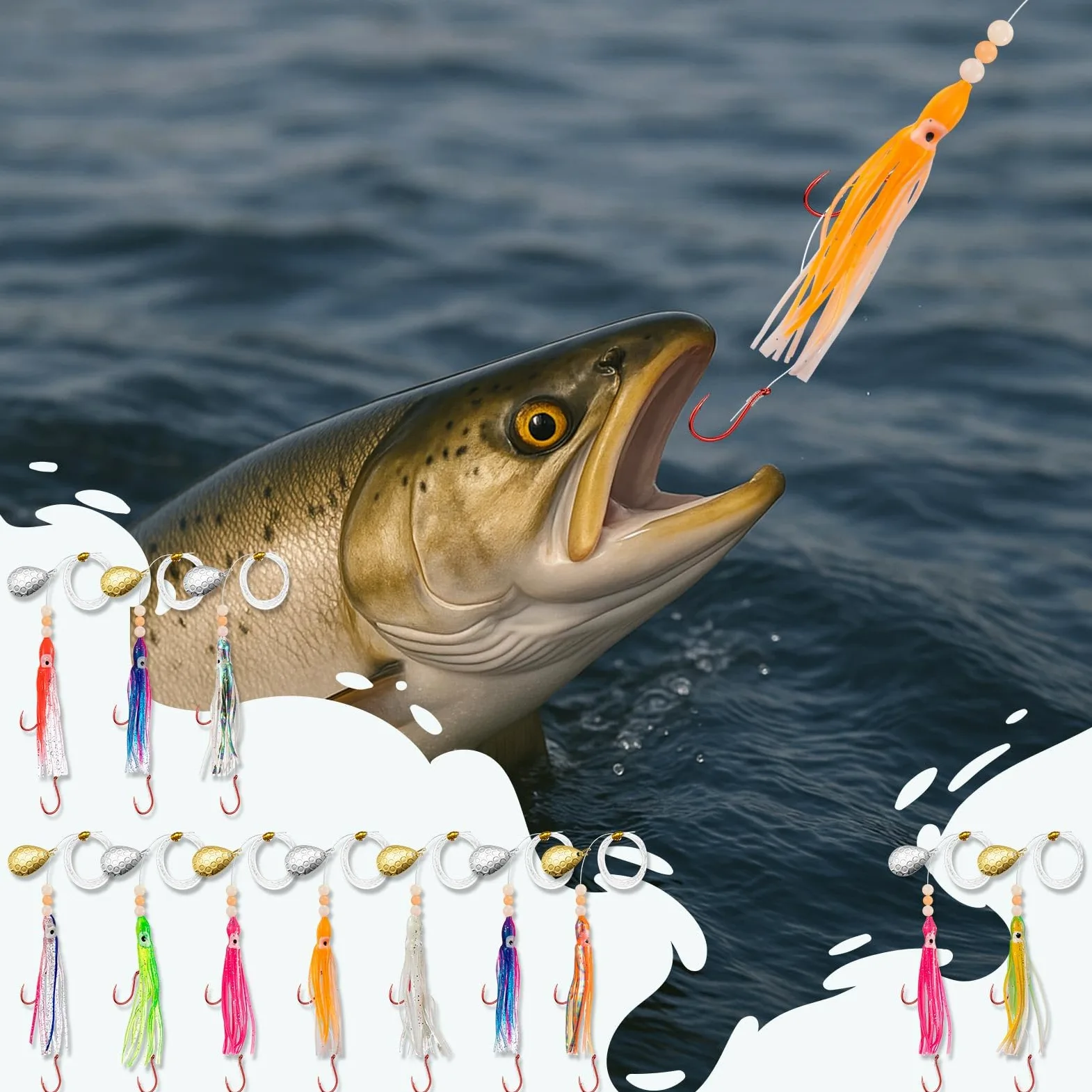 Glow Fresh Water Kokanee - Señuelos de salmón con ganchos de pulpo preaparejados, cuchillas giratorias, faldas sintéticas Kokanee Hoochies para pesca de salmón